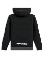 Alpinestars Parallel hættetrøje, set bagfra, sort med en gunmetal grå kant, hvidt Alpinestars tekstlogo på den nederste del af ryggen, afslappet motorsport-inspireret streetwear, lange ærmer med ribmanchetter