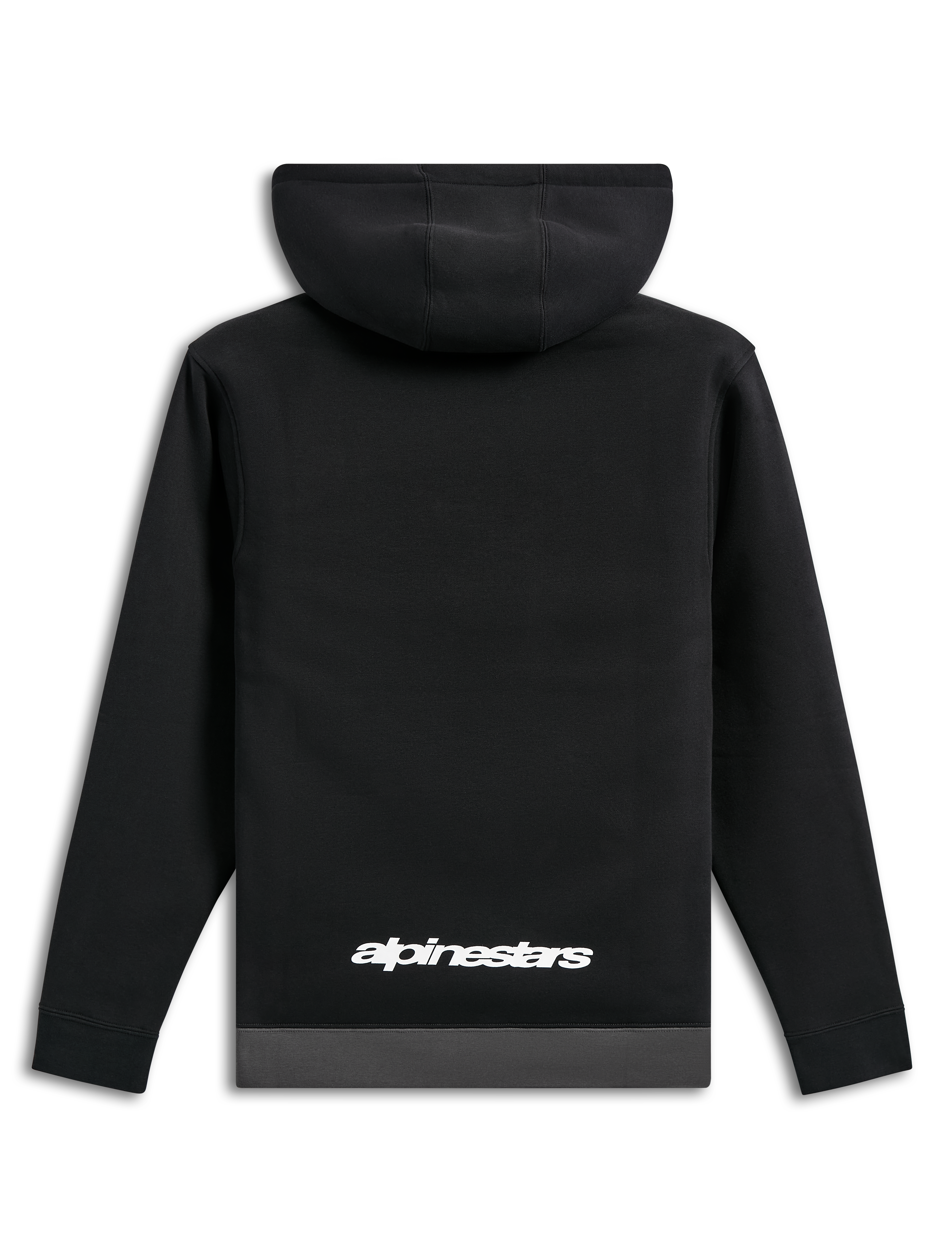 Alpinestars Parallel hættetrøje, set bagfra, sort med en gunmetal grå kant, hvidt Alpinestars tekstlogo på den nederste del af ryggen, afslappet motorsport-inspireret streetwear, lange ærmer med ribmanchetter