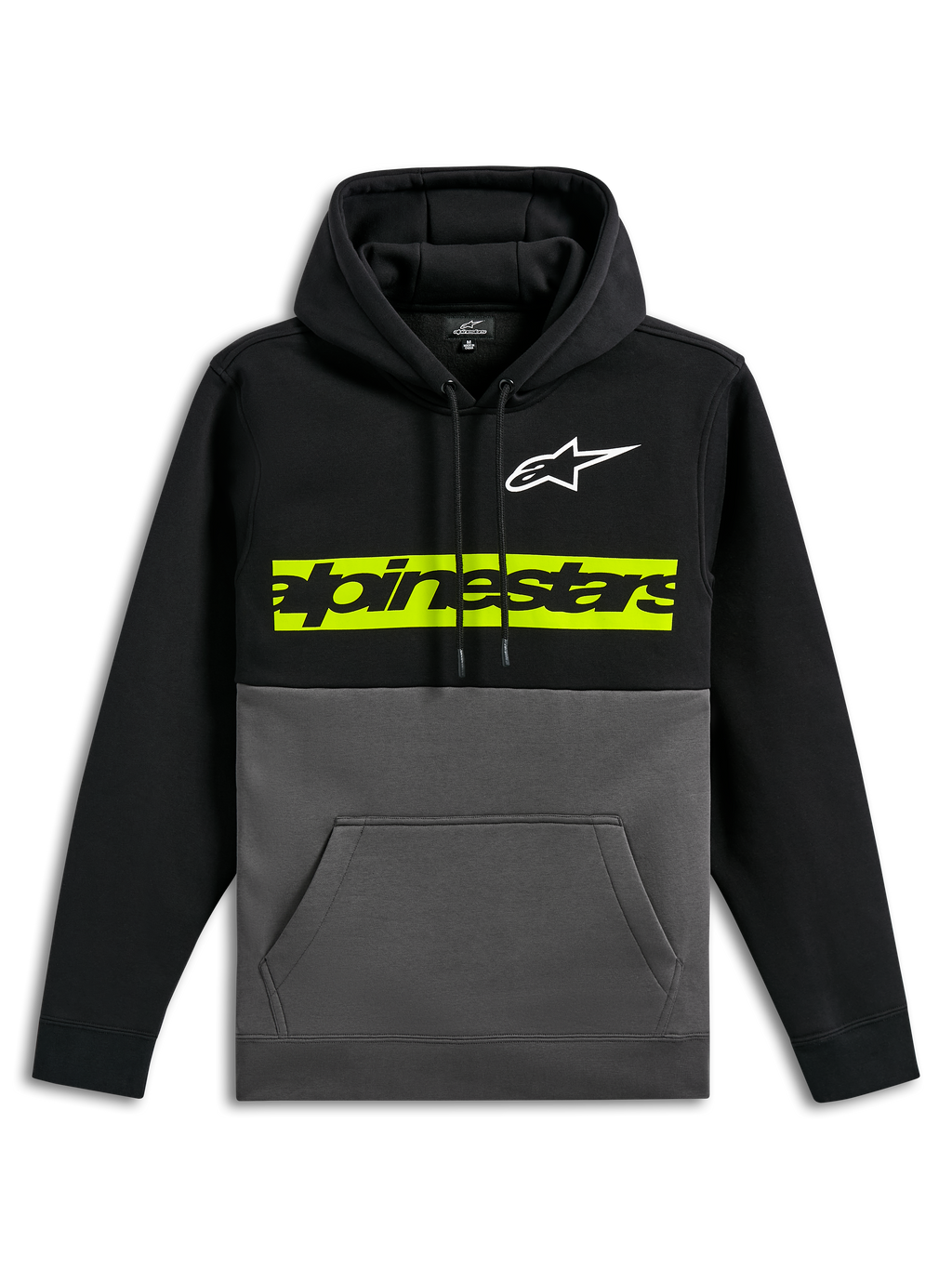 Alpinestars Parallel Hoodie, afslappet farveblokket pullover-fleece, sort overdel og ærmer med koksgrå bund, hvidt Astars-logo på brystet, lysende gulgrøn vandret bjælke med sort Alpinestars-ordlogo, hætte med snøre og kængurulomme foran