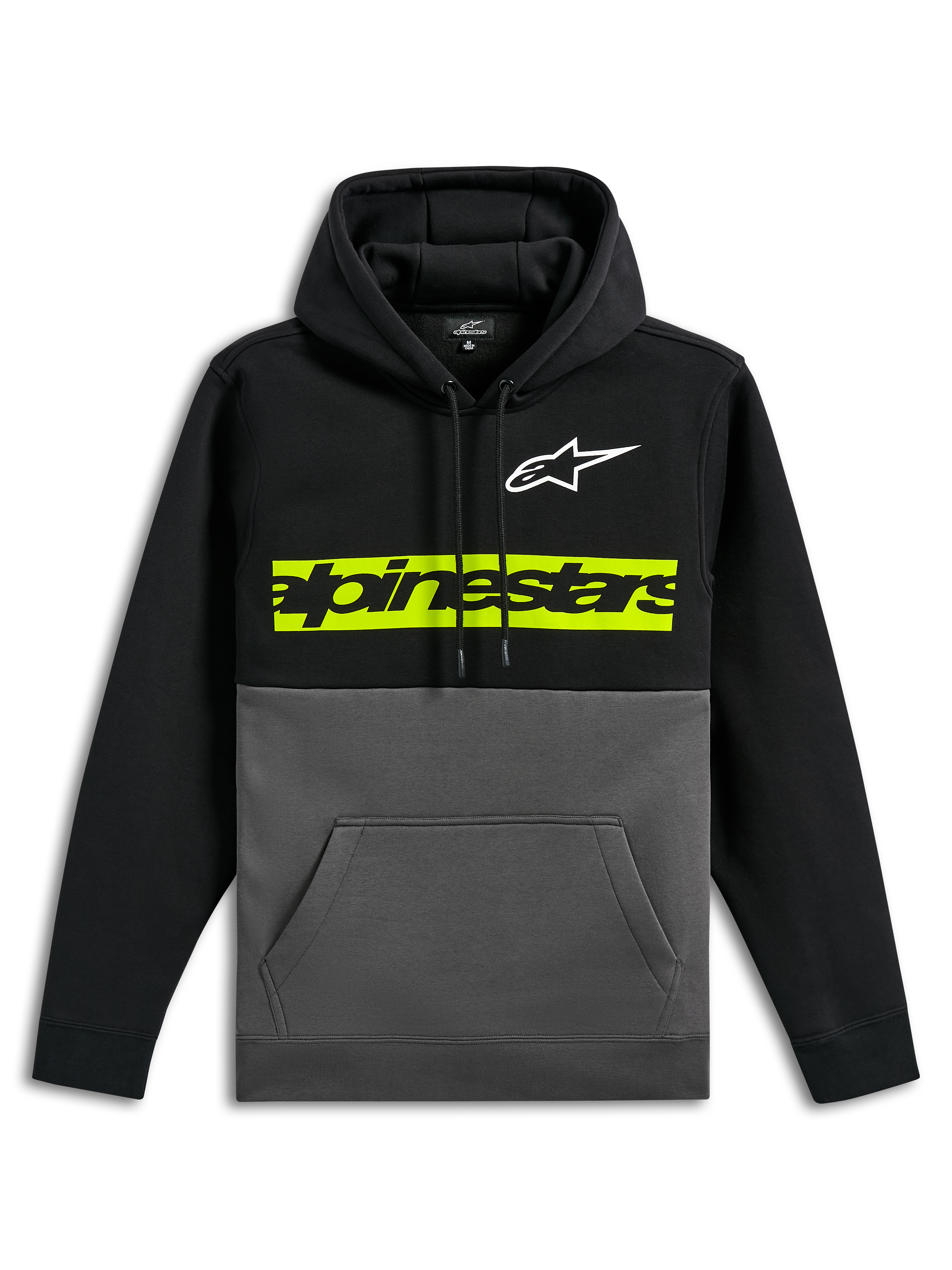Alpinestars Parallel Hoodie, afslappet farveblokket pullover-fleece, sort overdel og ærmer med koksgrå bund, hvidt Astars-logo på brystet, lysende gulgrøn vandret bjælke med sort Alpinestars-ordlogo, hætte med snøre og kængurulomme foran