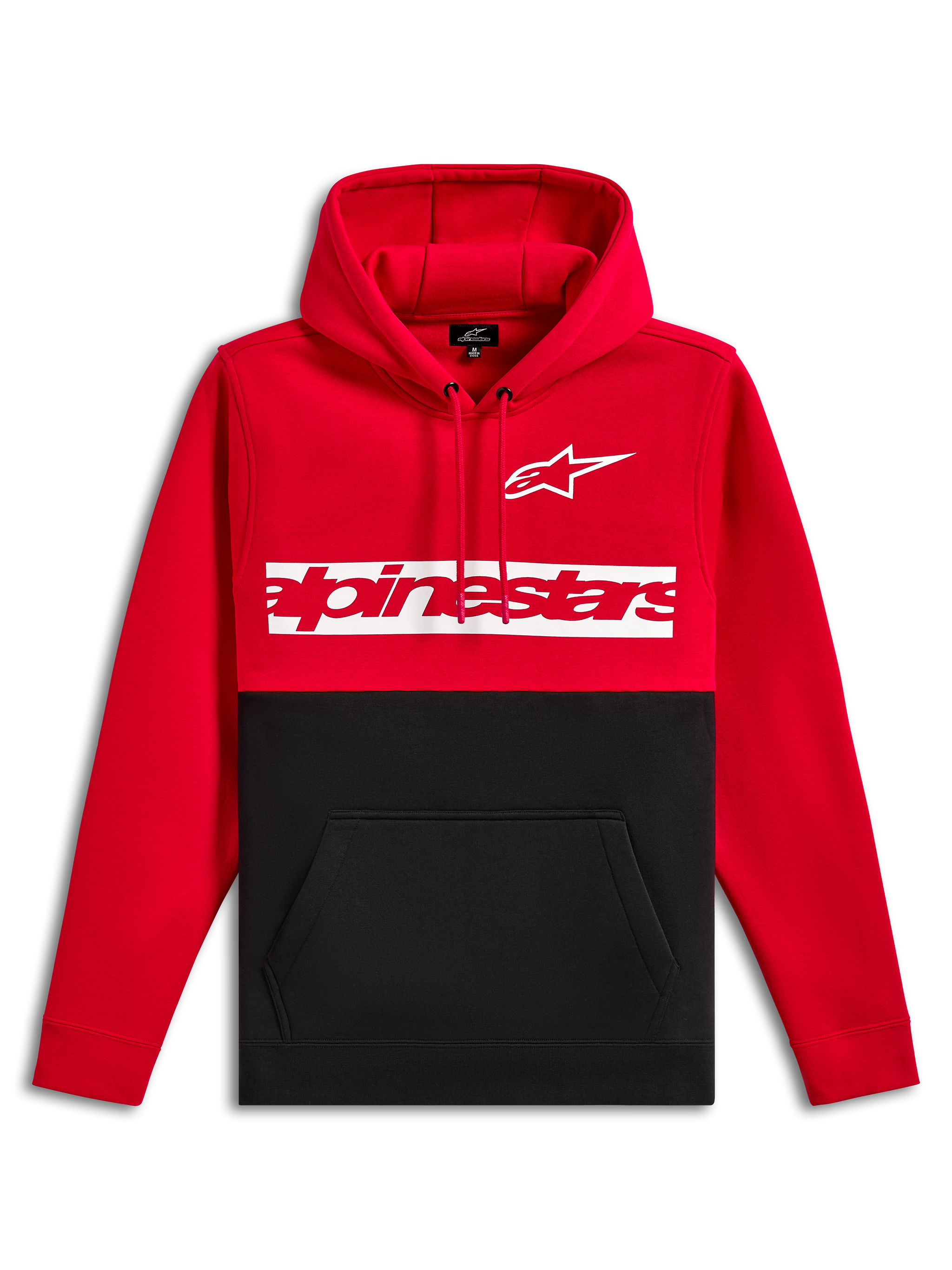 Alpinestars Parallel Hoodie, pullover fleece, red and black color-blocked design, features a white Astars logo and red Alpinestars word logo on a white chest bar, drawstring hood, kangaroo pocket, casual motorsport streetwear