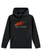 Alpinestars Pulse Hættetrøje, sort casual sportstøj, med orange Astars-logo med speed line fade på brystet, gråt alpinestars-branding, kængurulomme og hætte med snøre