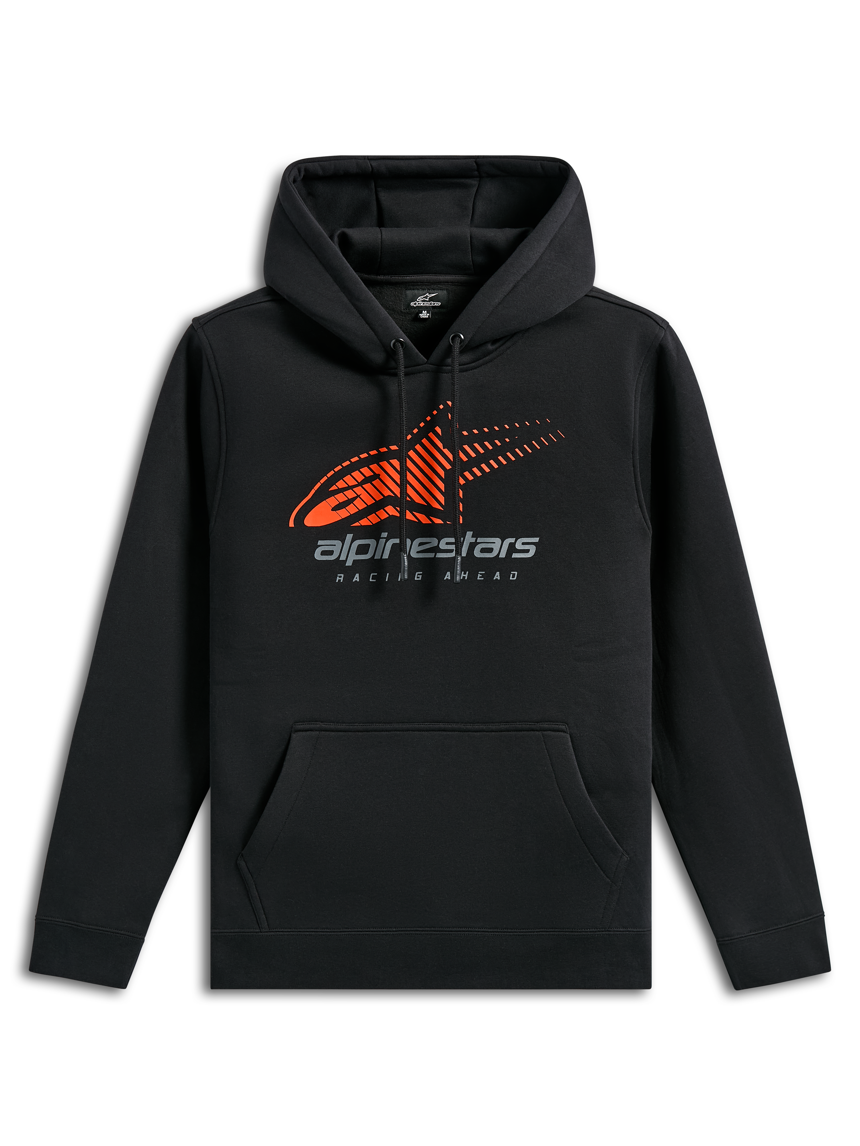 Alpinestars Pulse Hættetrøje, sort casual sportstøj, med orange Astars-logo med speed line fade på brystet, gråt alpinestars-branding, kængurulomme og hætte med snøre