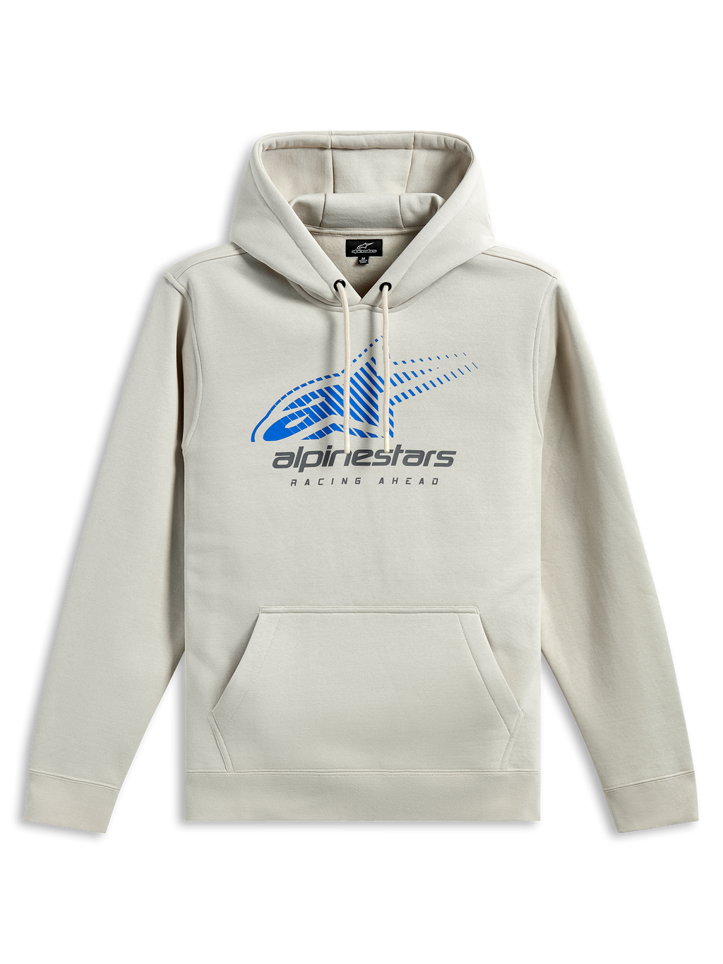 Alpinestars Pulse Hoodie, casual streetwear, off-white med blåt Astars-logo og grå branding, kængurulomme foran, hætte med snøre, lange ærmer, moderne motorsport-inspireret design