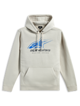 Alpinestars Pulse Hoodie, casual streetwear, off-white with blue Astars logo and grey branding, front kangaroo pocket, drawstring hood, long sleeves, modern motorsport-inspired design