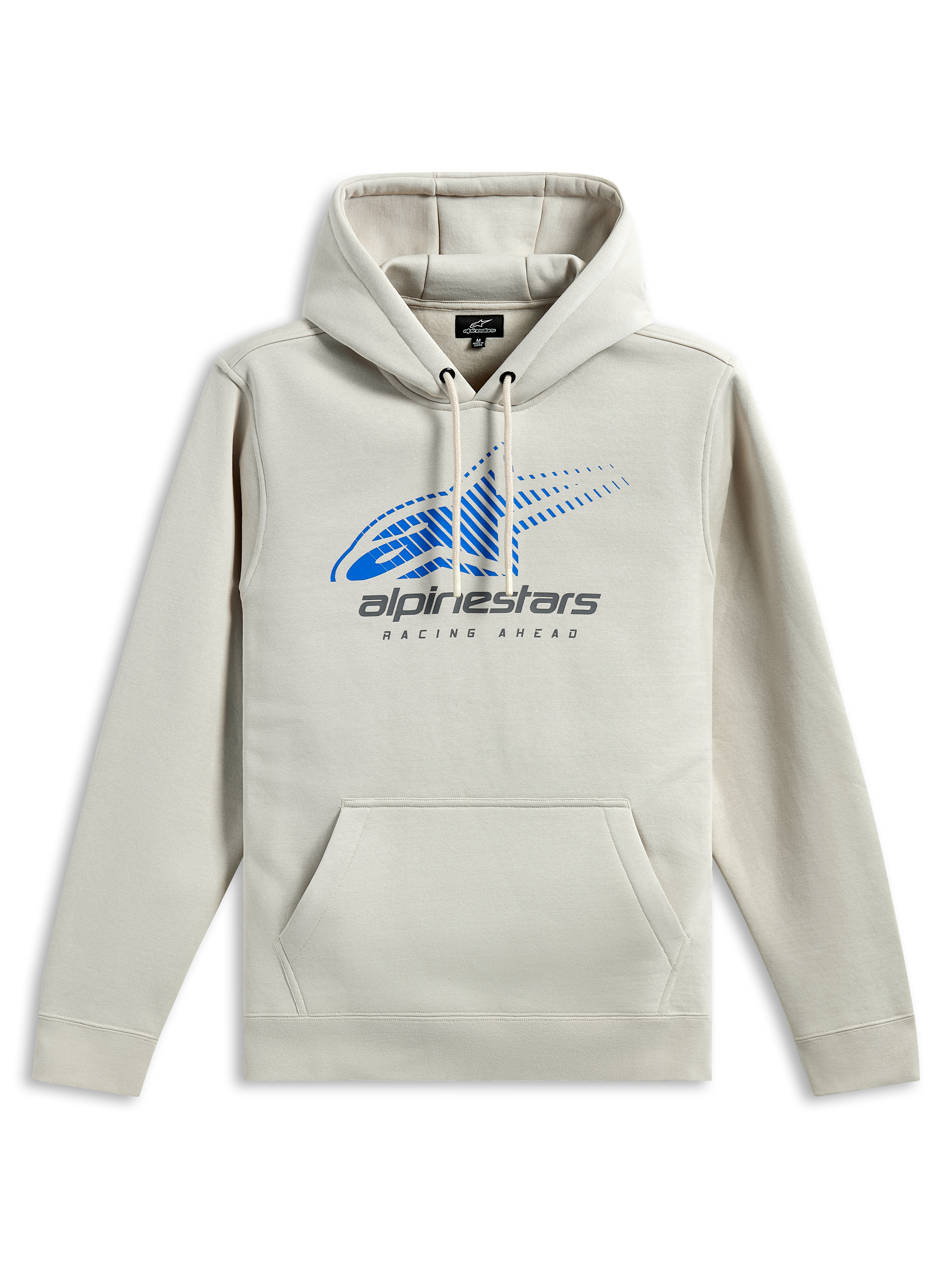 Alpinestars Pulse Hoodie, casual streetwear, off-white med blåt Astars-logo og grå branding, kængurulomme foran, hætte med snøre, lange ærmer, moderne motorsport-inspireret design