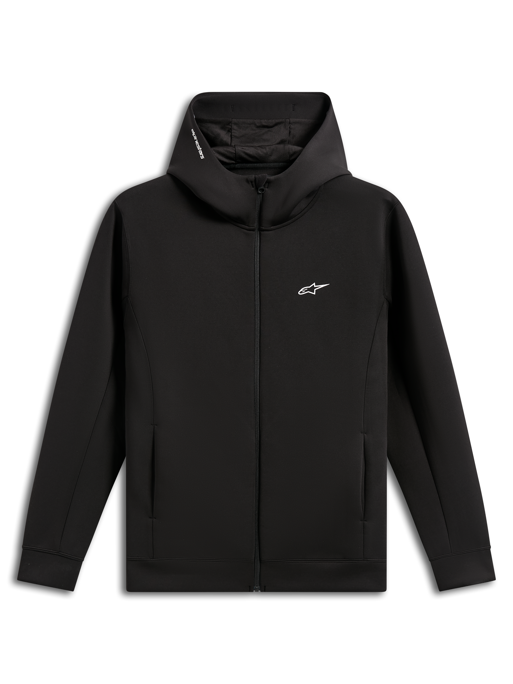 Alpinestars Cypher Hættetrøje, sort, lynlås-hættetrøje i dobbeltsidet fleece, høj hals og hætte med mesh-for og Alpinestars-ordlogo, lille hvidt Astars-logo på brystet, lommer i sidesømmen, afslappet motorsport-inspireret streetwear