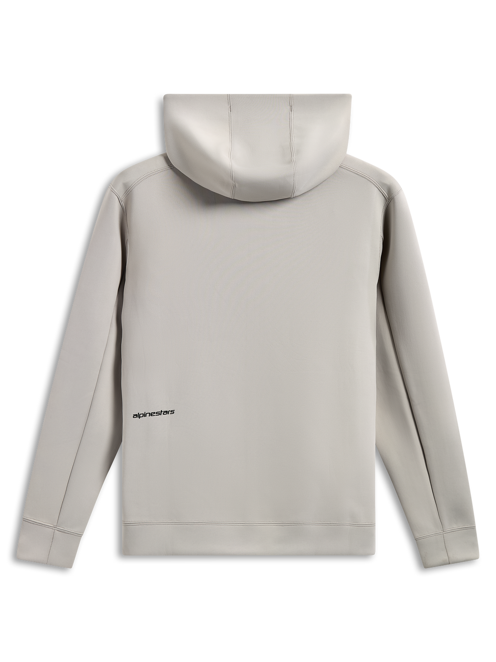 Alpinestars Cypher Hoodie, set bagfra, cementgrå, tri-blend dobbeltsidet fleece, lille sort tekstlogo på lænden, mesh-foret hætte, afslappet motorsport-inspireret streetwear