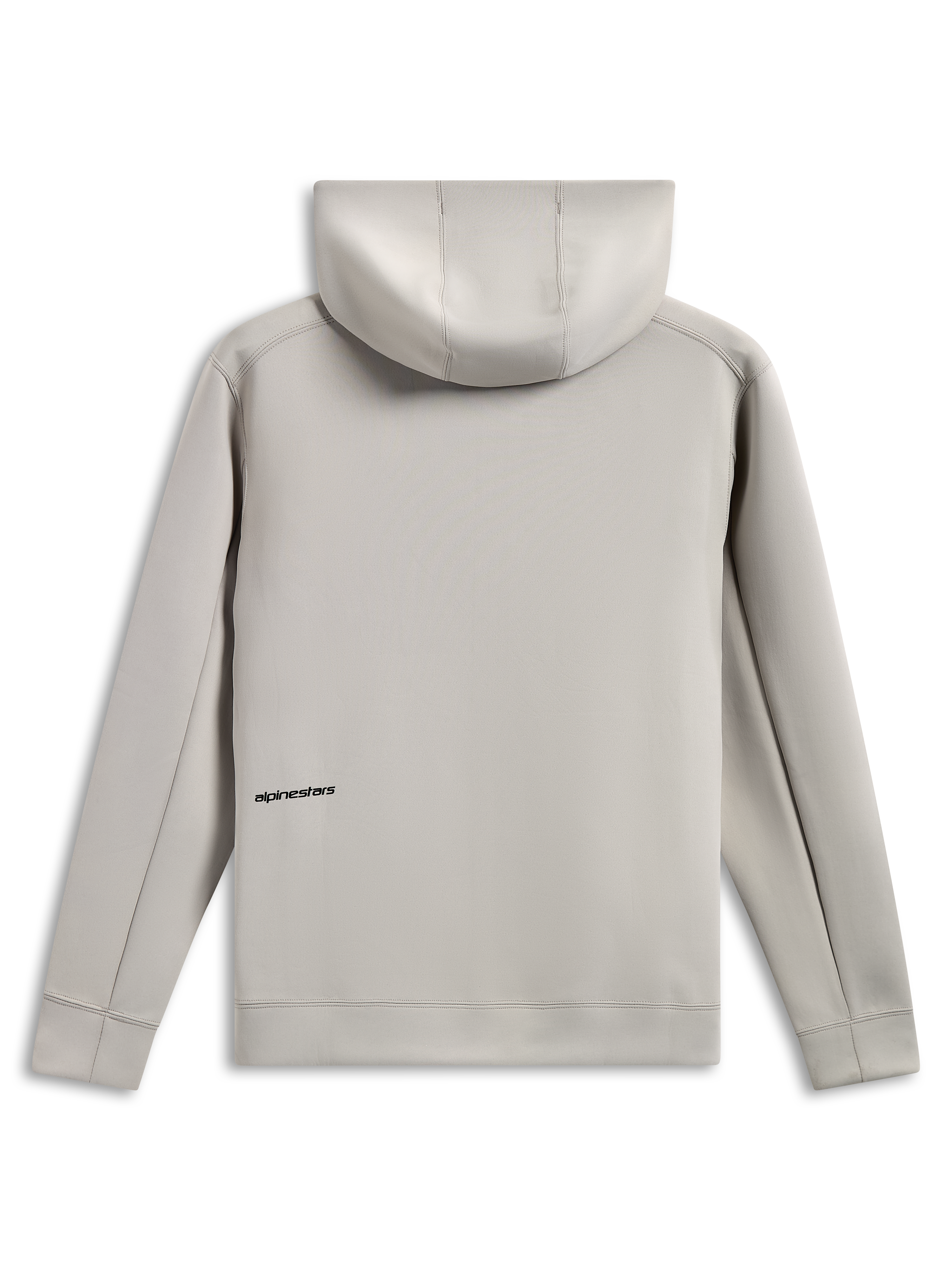 Alpinestars Cypher Hoodie, set bagfra, cementgrå, tri-blend dobbeltsidet fleece, lille sort tekstlogo på lænden, mesh-foret hætte, afslappet motorsport-inspireret streetwear