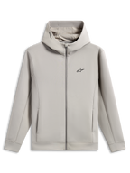 Alpinestars Cypher hættetrøje, hættetrøje med gennemgående lynlås i dobbeltsidet fleece, cementgrå, med sort Astars-logo på brystet, højhalset mesh-foret hætte med Alpinestars ordlogo, lommer i sømmene, afslappet sportswear-design