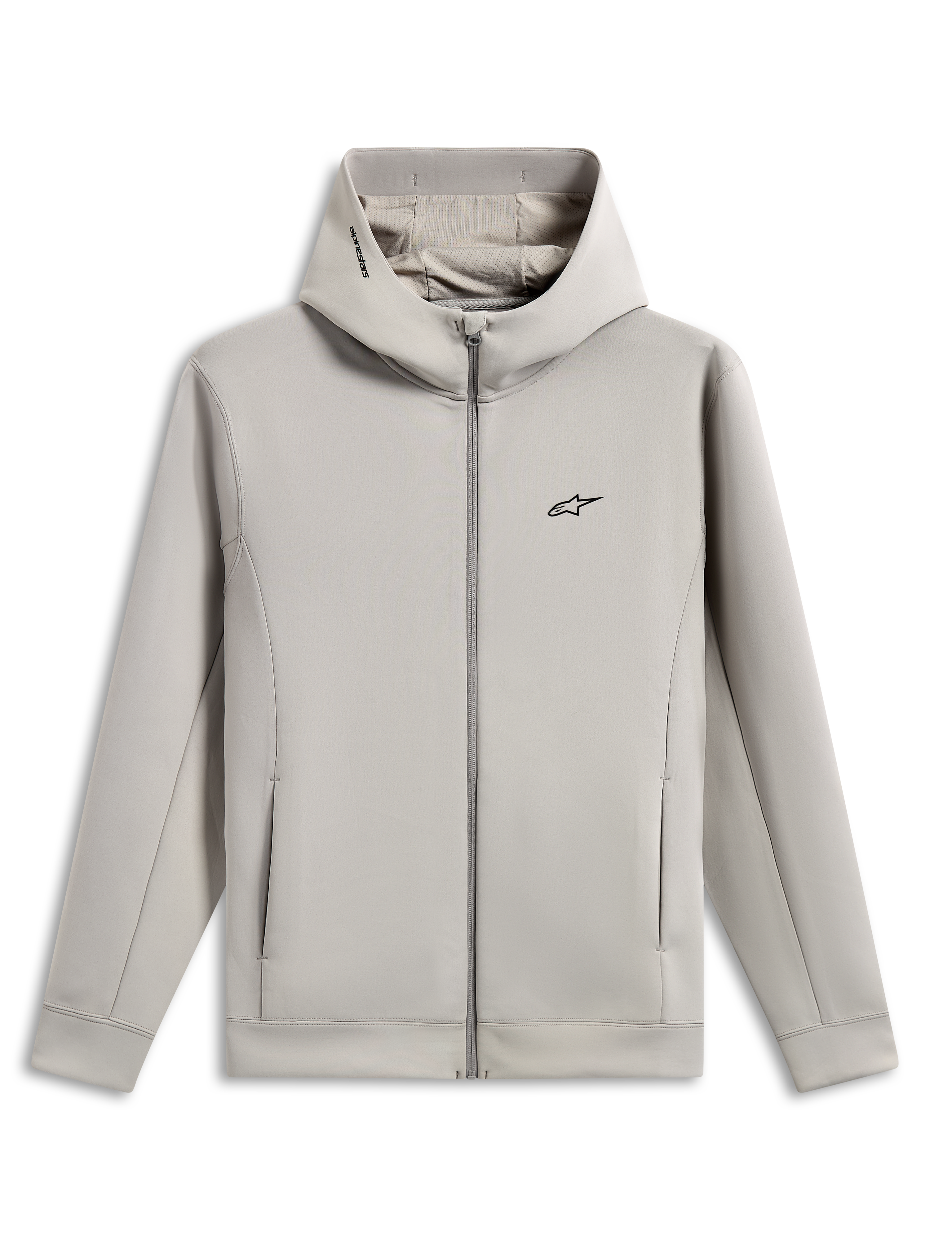 Alpinestars Cypher hættetrøje, hættetrøje med gennemgående lynlås i dobbeltsidet fleece, cementgrå, med sort Astars-logo på brystet, højhalset mesh-foret hætte med Alpinestars ordlogo, lommer i sømmene, afslappet sportswear-design