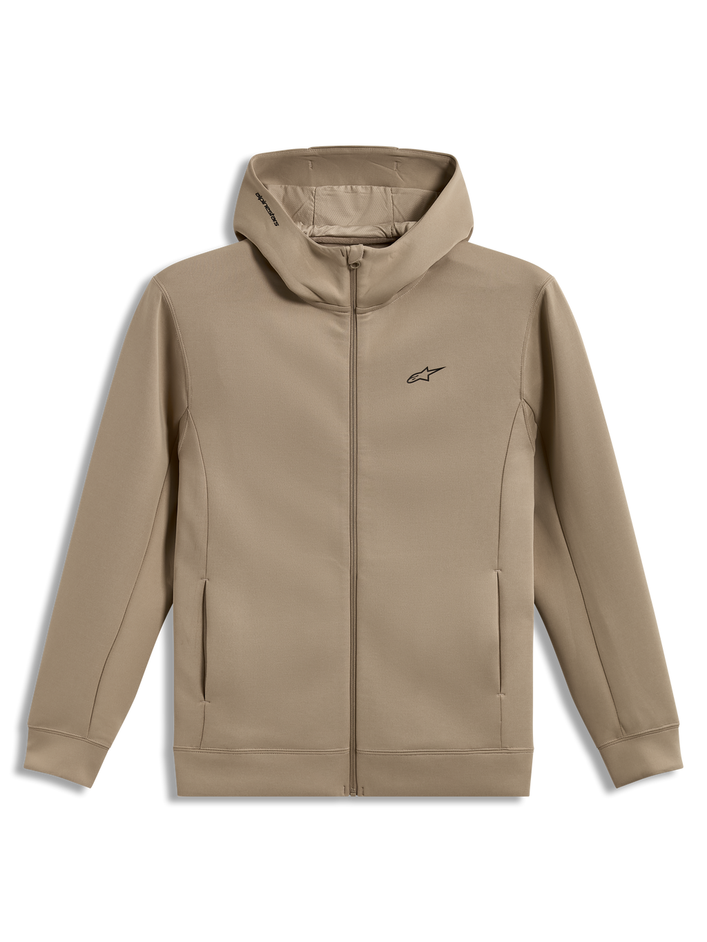 Alpinestars Cypher Hoodie, beige hættetrøje med lynlås, højhalset hætte, mesh-foring og Astars-logo, motorsport-streetwear
