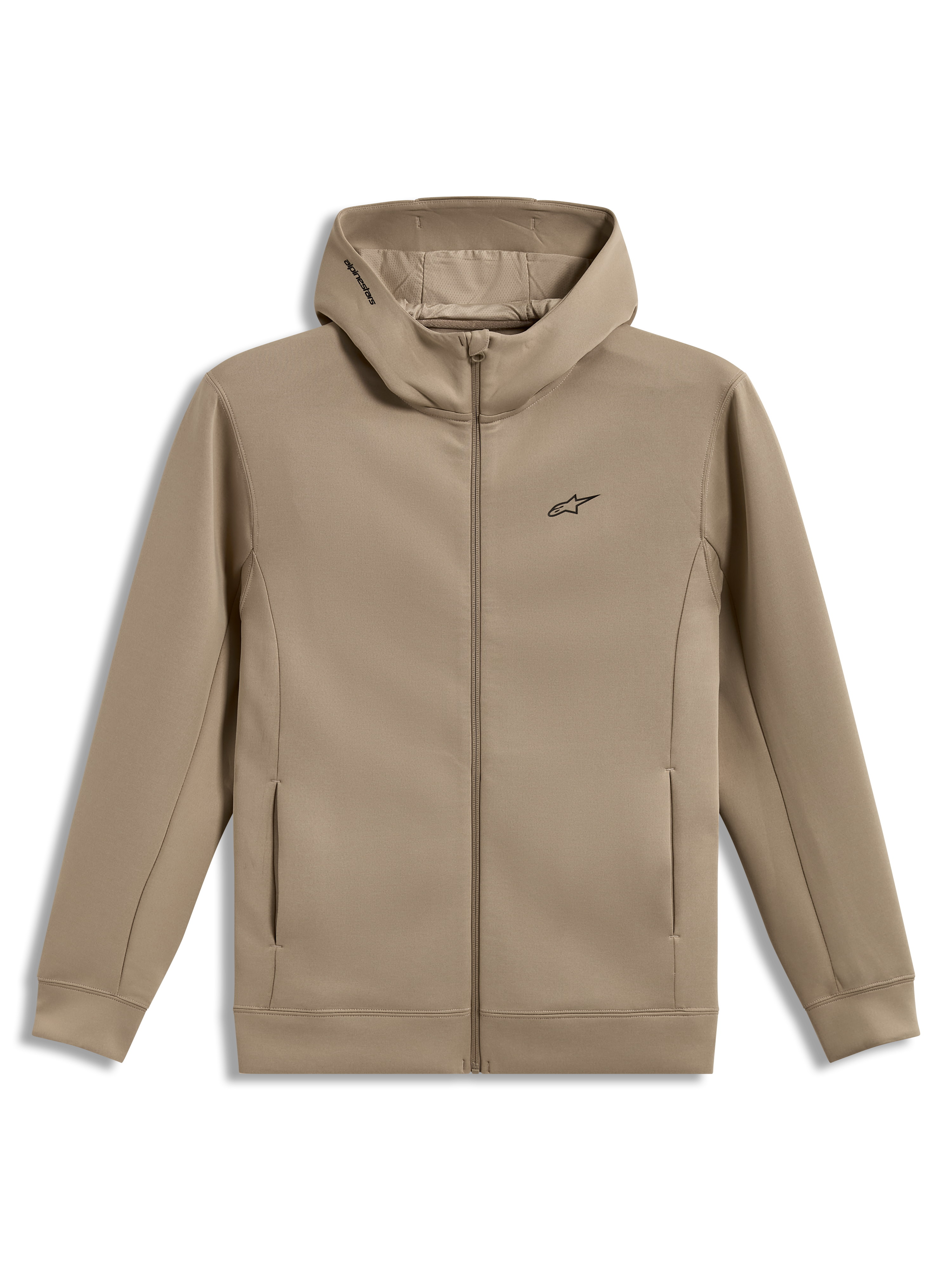 Alpinestars Cypher Hoodie, beige hættetrøje med lynlås, højhalset hætte, mesh-foring og Astars-logo, motorsport-streetwear