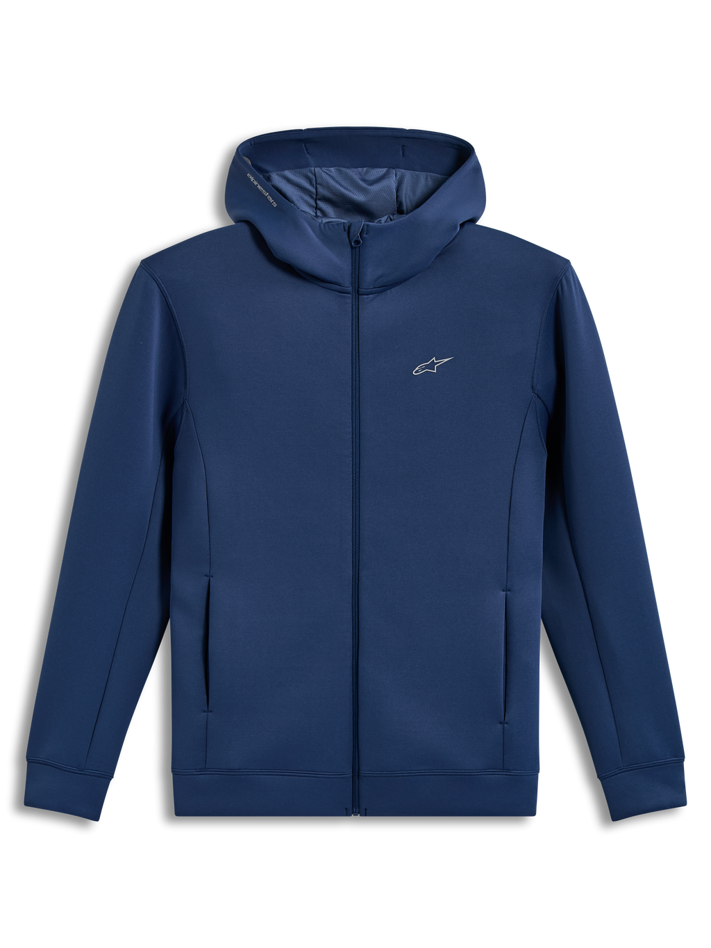Alpinestars Cypher Hoodie, stålblå lynlåshættetrøje, højhalset mesh-foret hætte, blødt fleece, motorsport-streetwear