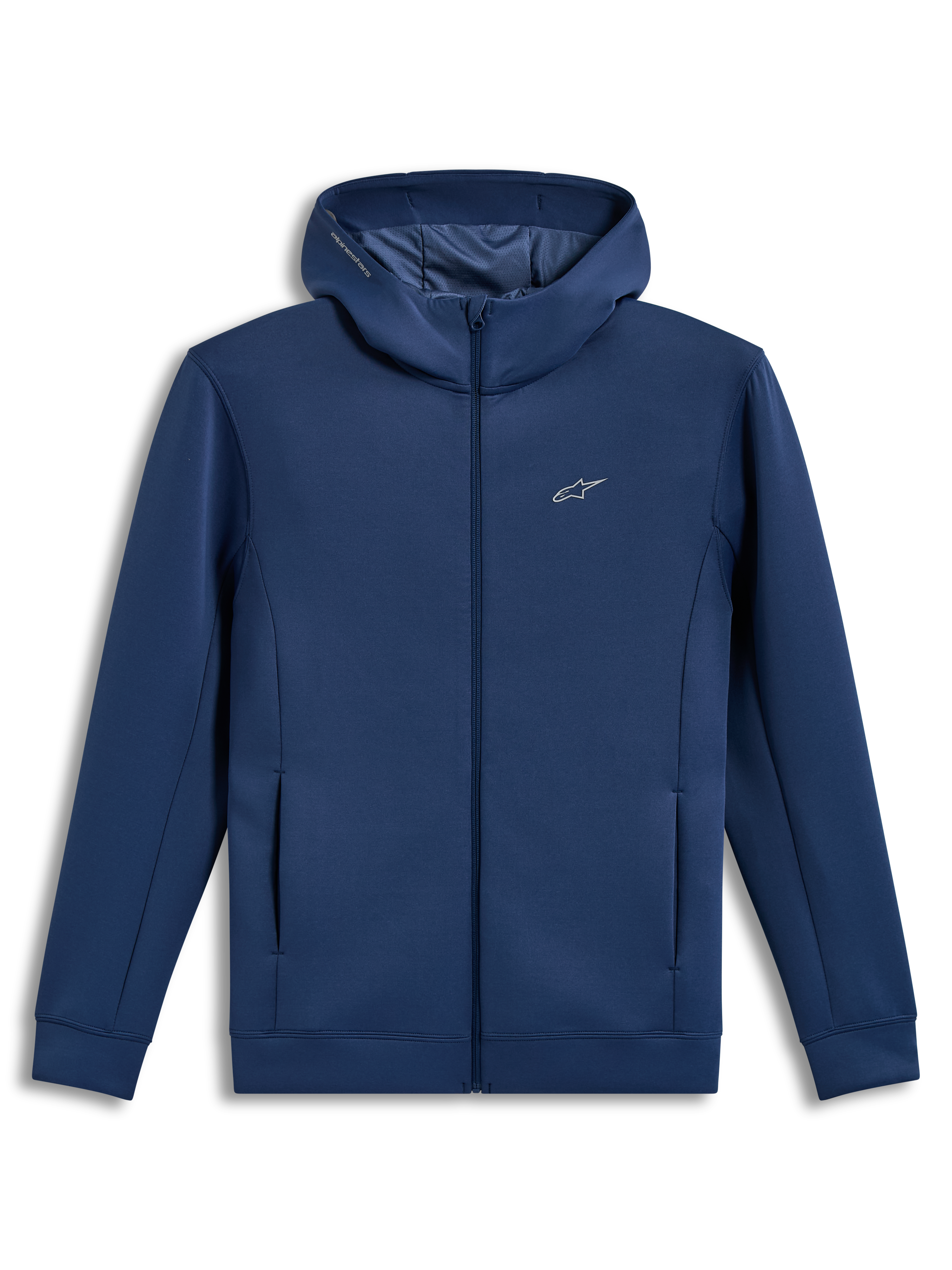 Alpinestars Cypher Hoodie, stålblå lynlåshættetrøje, højhalset mesh-foret hætte, blødt fleece, motorsport-streetwear