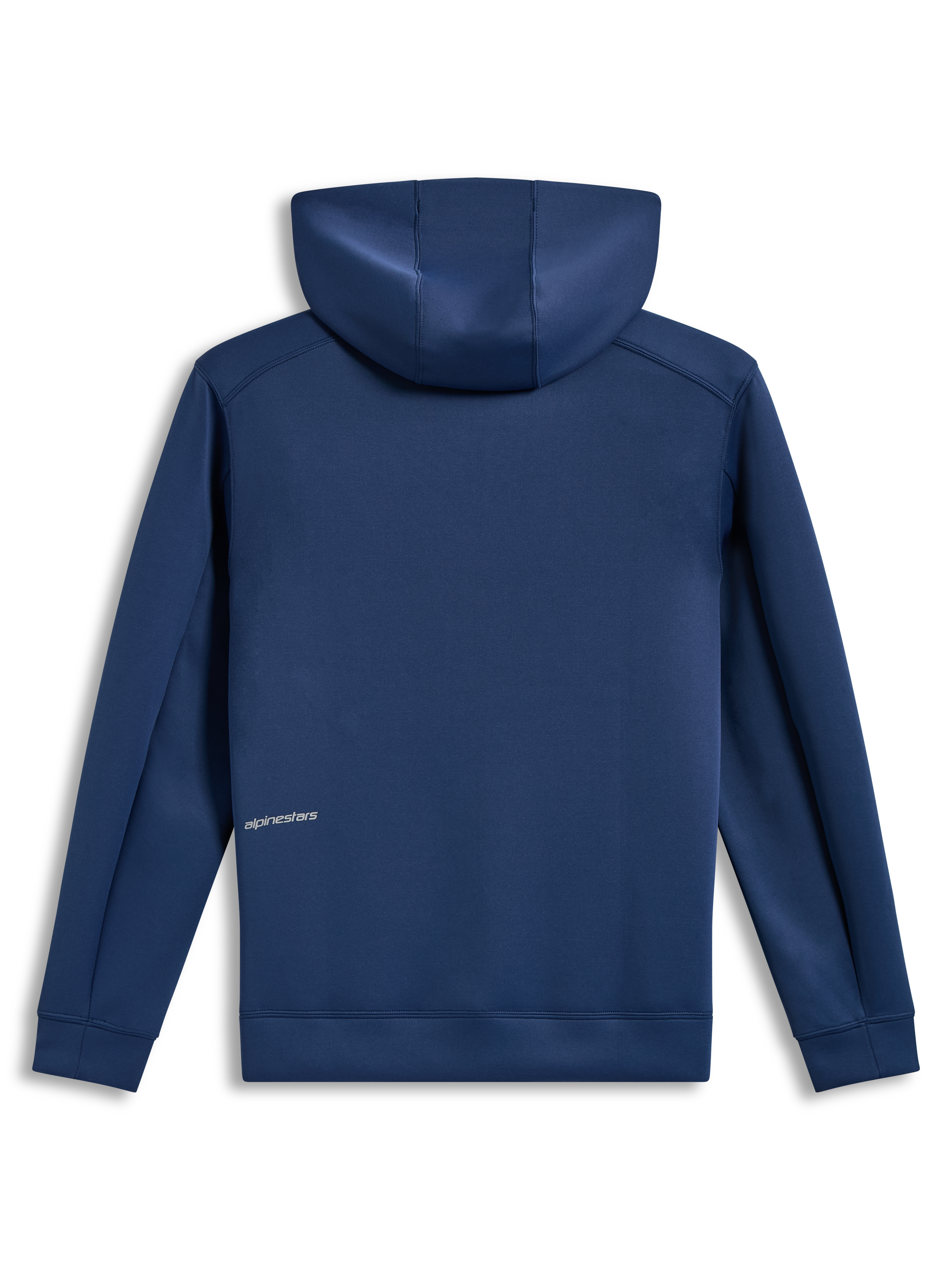 Alpinestars Cypher Hoodie, stålblå hættetrøje i tri-blend fleece, set bagfra med tekstlogodetalje