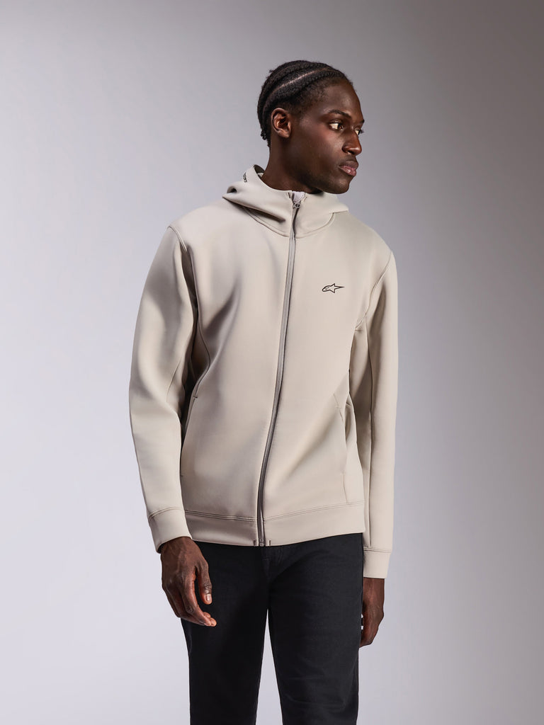 Alpinestars Cypher Hoodie, casual sportswear, Cement lysegrå, dobbeltlags fleece med fuld lynlås, høj krave med mesh-foret hætte, lille sort Astars-logo på brystet, moderne motorsport-inspireret design