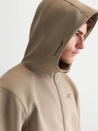 Alpinestars Cypher hættetrøje, herre sportstøj fleecehættetrøje med lynlås, beige, med højhalset mesh-foret hætte, Alpinestars branding på siden og logo på brystet, profilvisning på model.