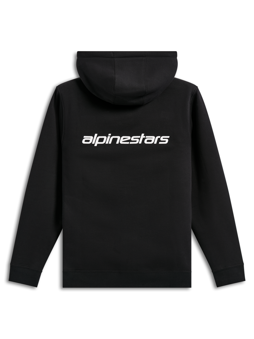 Alpinestars Transverse hættetrøje, casual streetwear, sort med hvidt Alpinestars-tekstlogo på ryggen, fleece med hætte, ribkanter ved håndled og forneden, moderne motorsport-inspireret design