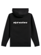 Alpinestars Transverse hættetrøje, casual streetwear, sort med hvidt Alpinestars-tekstlogo på ryggen, fleece med hætte, ribkanter ved håndled og forneden, moderne motorsport-inspireret design