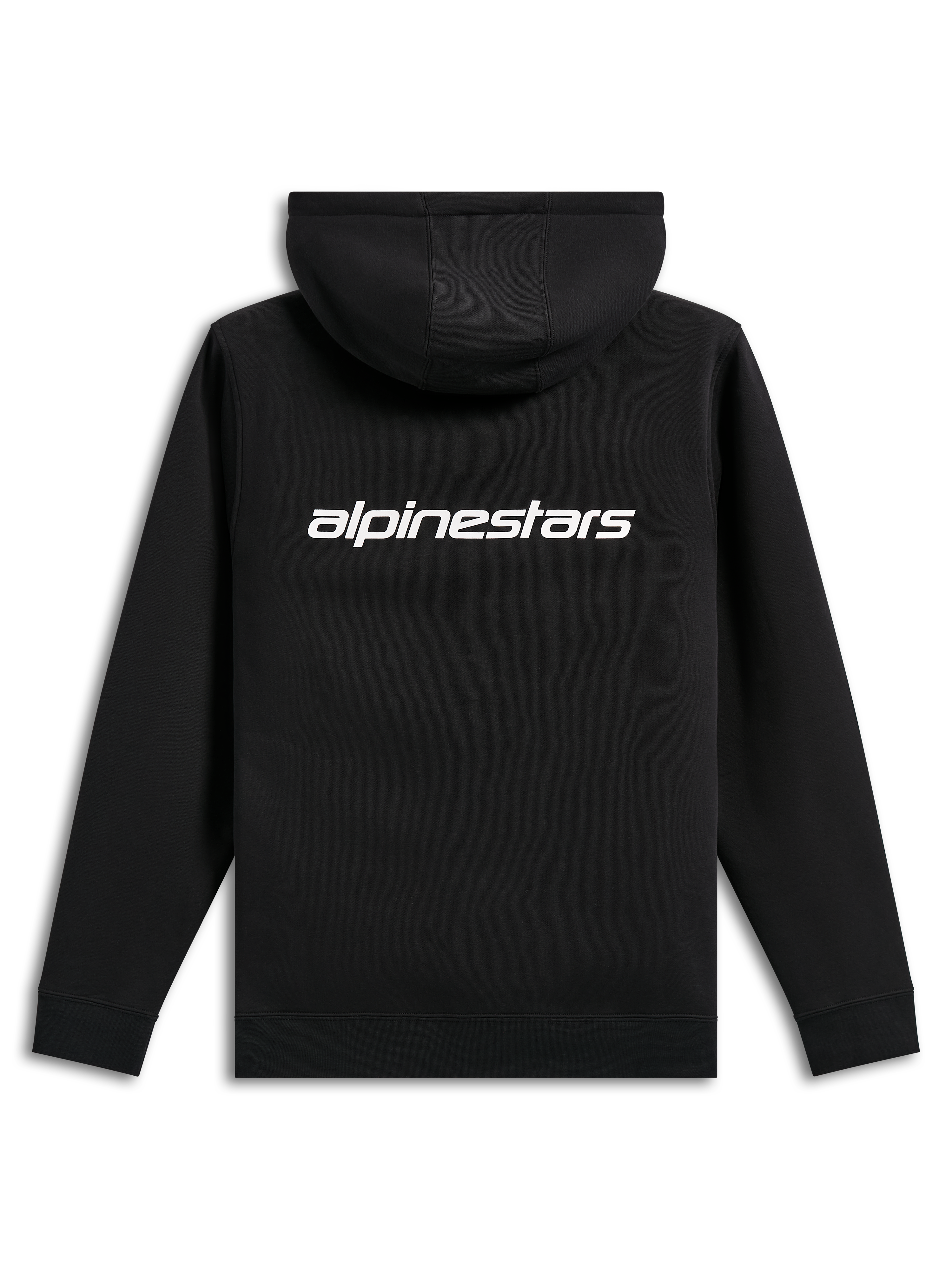 Alpinestars Transverse hættetrøje, casual streetwear, sort med hvidt Alpinestars-tekstlogo på ryggen, fleece med hætte, ribkanter ved håndled og forneden, moderne motorsport-inspireret design