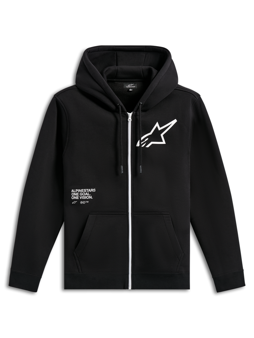 Alpinestars Transverse Hoodie, sort fleece-hættetrøje med lynlås foran, hvid lynlås, stort hvidt Astars-logo på brystet, 'One Goal, One Vision'-grafik, hætte med snøre og ribkanter, casual motorsport-streetwear