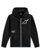 Alpinestars Transverse Hoodie, sort fleece-hættetrøje med lynlås foran, hvid lynlås, stort hvidt Astars-logo på brystet, 'One Goal, One Vision'-grafik, hætte med snøre og ribkanter, casual motorsport-streetwear