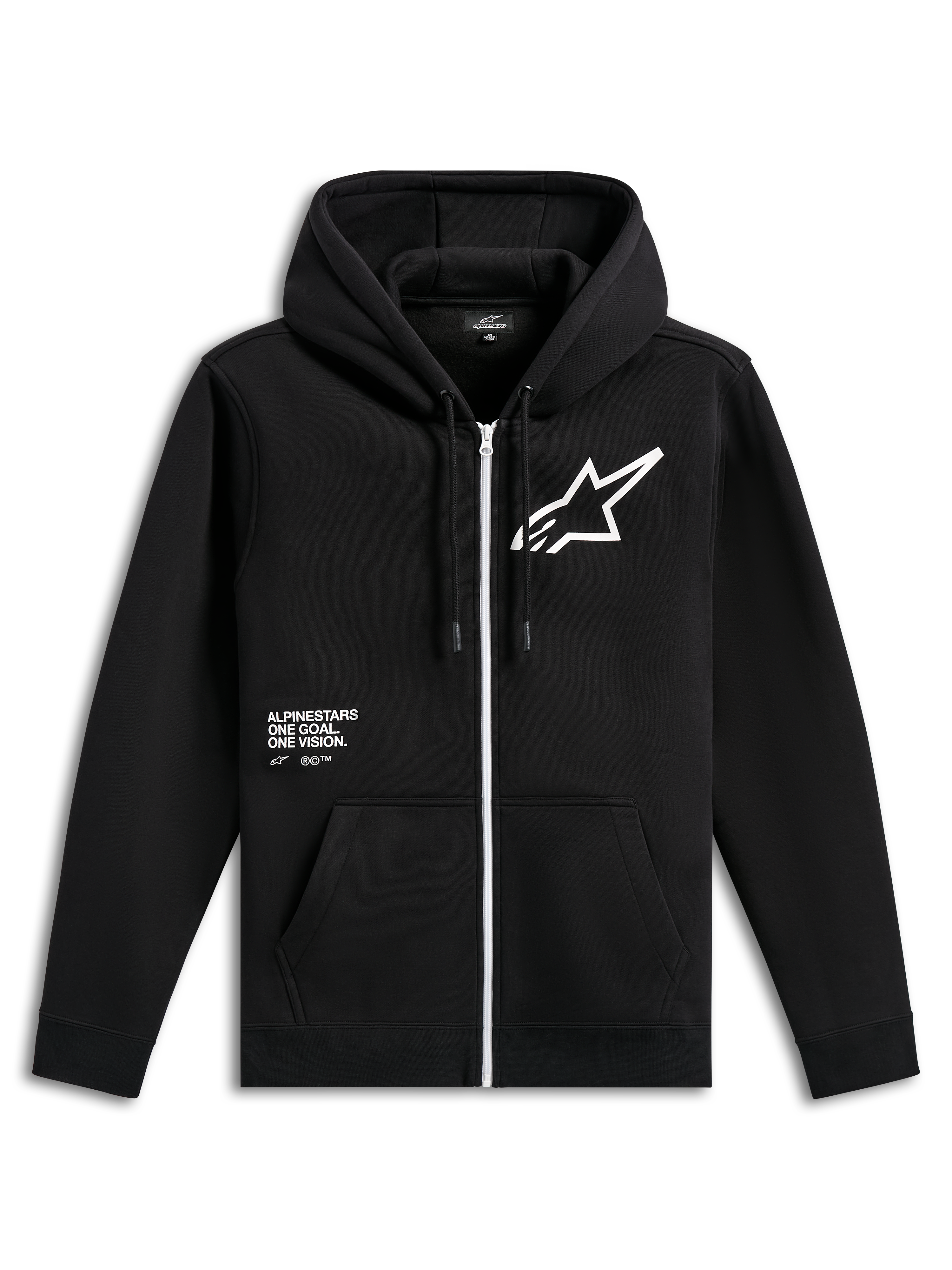 Alpinestars Transverse Hoodie, sort fleece-hættetrøje med lynlås foran, hvid lynlås, stort hvidt Astars-logo på brystet, 'One Goal, One Vision'-grafik, hætte med snøre og ribkanter, casual motorsport-streetwear