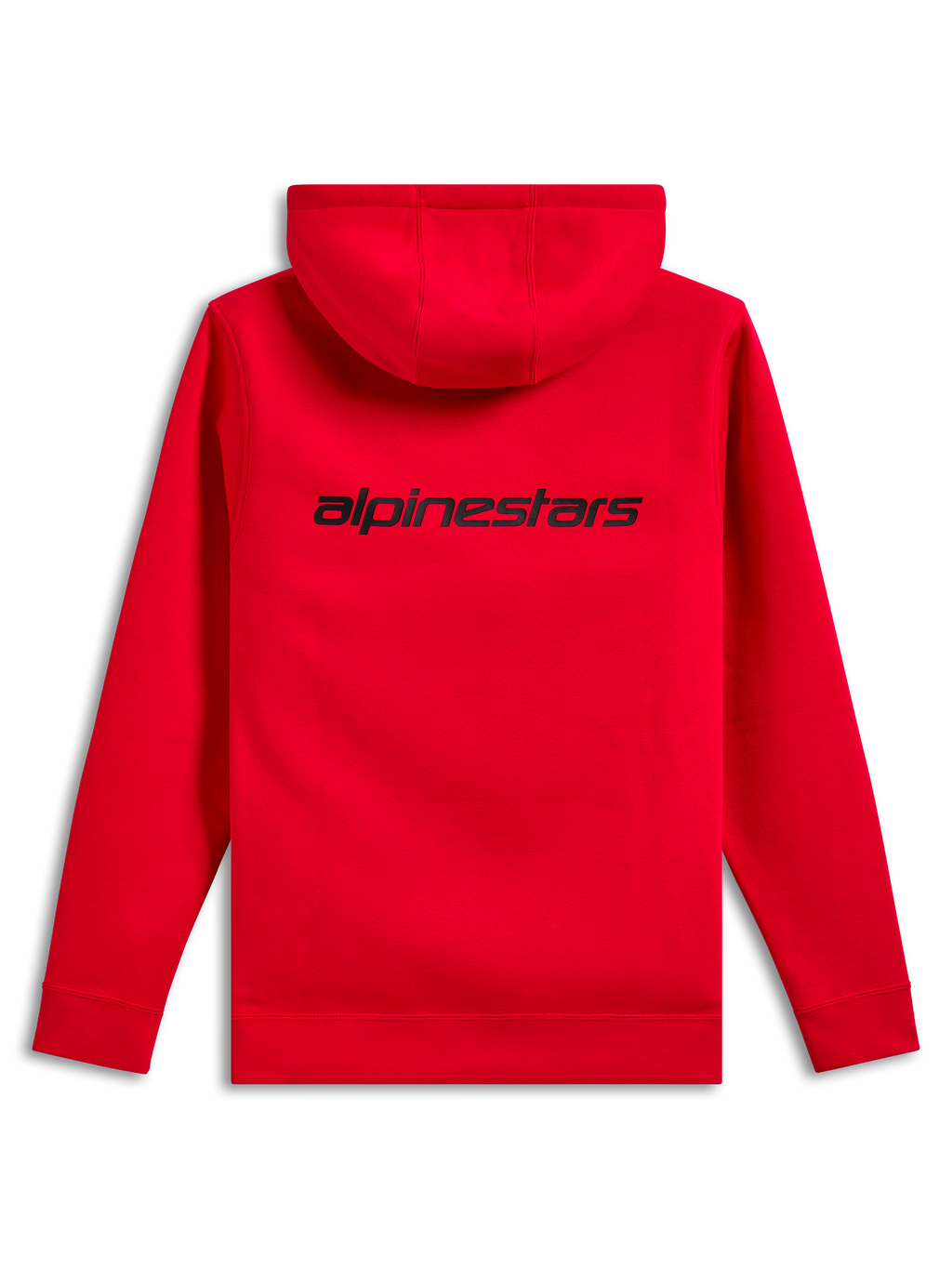 Alpinestars Transverse hættetrøje, set bagfra, rød, med et sort Alpinestars-logo på den øverste del af ryggen, afslappet sweatshirt med hætte, ribmanchetter og kant forneden