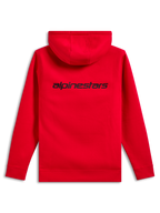 Alpinestars Transverse hættetrøje, set bagfra, rød, med et sort Alpinestars-logo på den øverste del af ryggen, afslappet sweatshirt med hætte, ribmanchetter og kant forneden