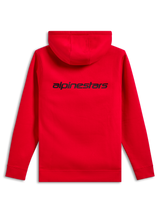 Alpinestars Transverse hættetrøje, set bagfra, rød, med et sort Alpinestars-logo på den øverste del af ryggen, afslappet sweatshirt med hætte, ribmanchetter og kant forneden