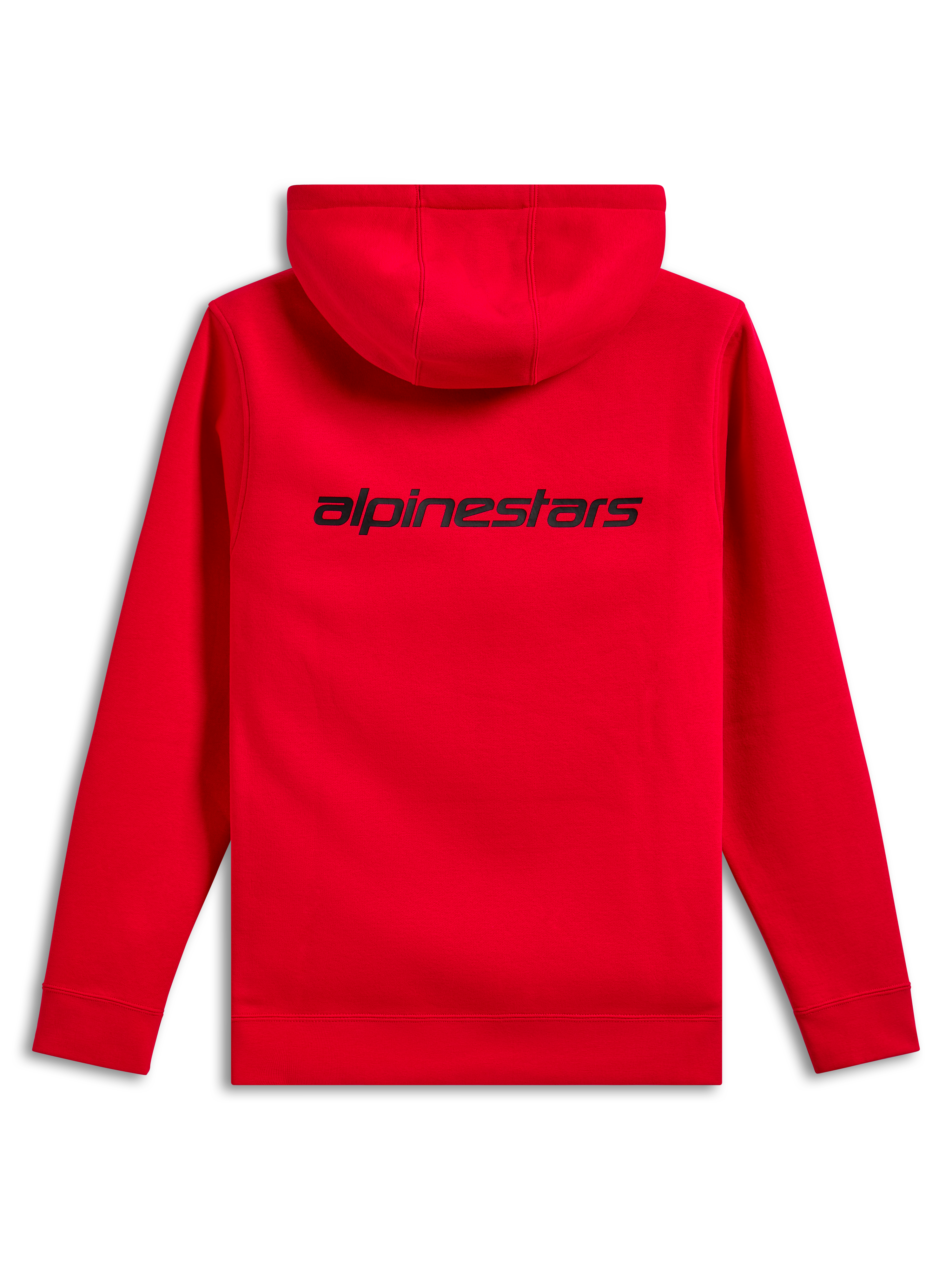 Alpinestars Transverse hættetrøje, set bagfra, rød, med et sort Alpinestars-logo på den øverste del af ryggen, afslappet sweatshirt med hætte, ribmanchetter og kant forneden