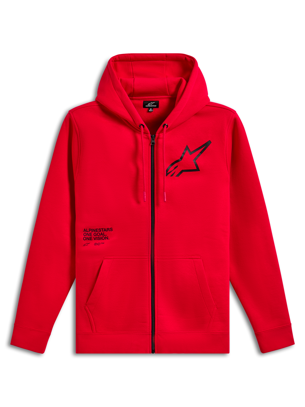 Alpinestars Transverse hættetrøje, fleecehættetrøje med lynlås foran, rød, sort Astars-logo på brystet med One Goal One Vision-tekstprint, hætte med snoretræk, kængurulommer, ribbede manchetter og kant, afslappet motorsport-streetwear