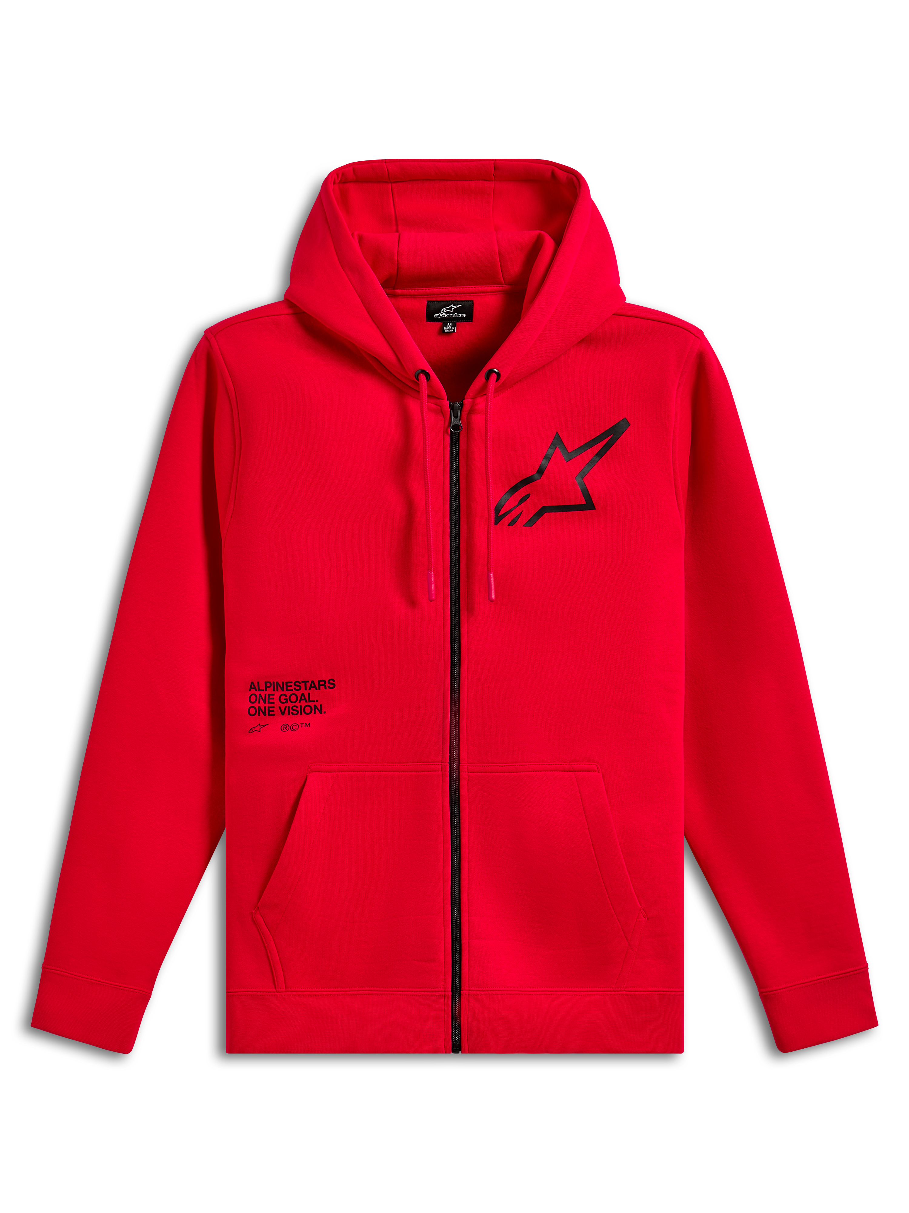 Alpinestars Transverse hættetrøje, fleecehættetrøje med lynlås foran, rød, sort Astars-logo på brystet med One Goal One Vision-tekstprint, hætte med snoretræk, kængurulommer, ribbede manchetter og kant, afslappet motorsport-streetwear