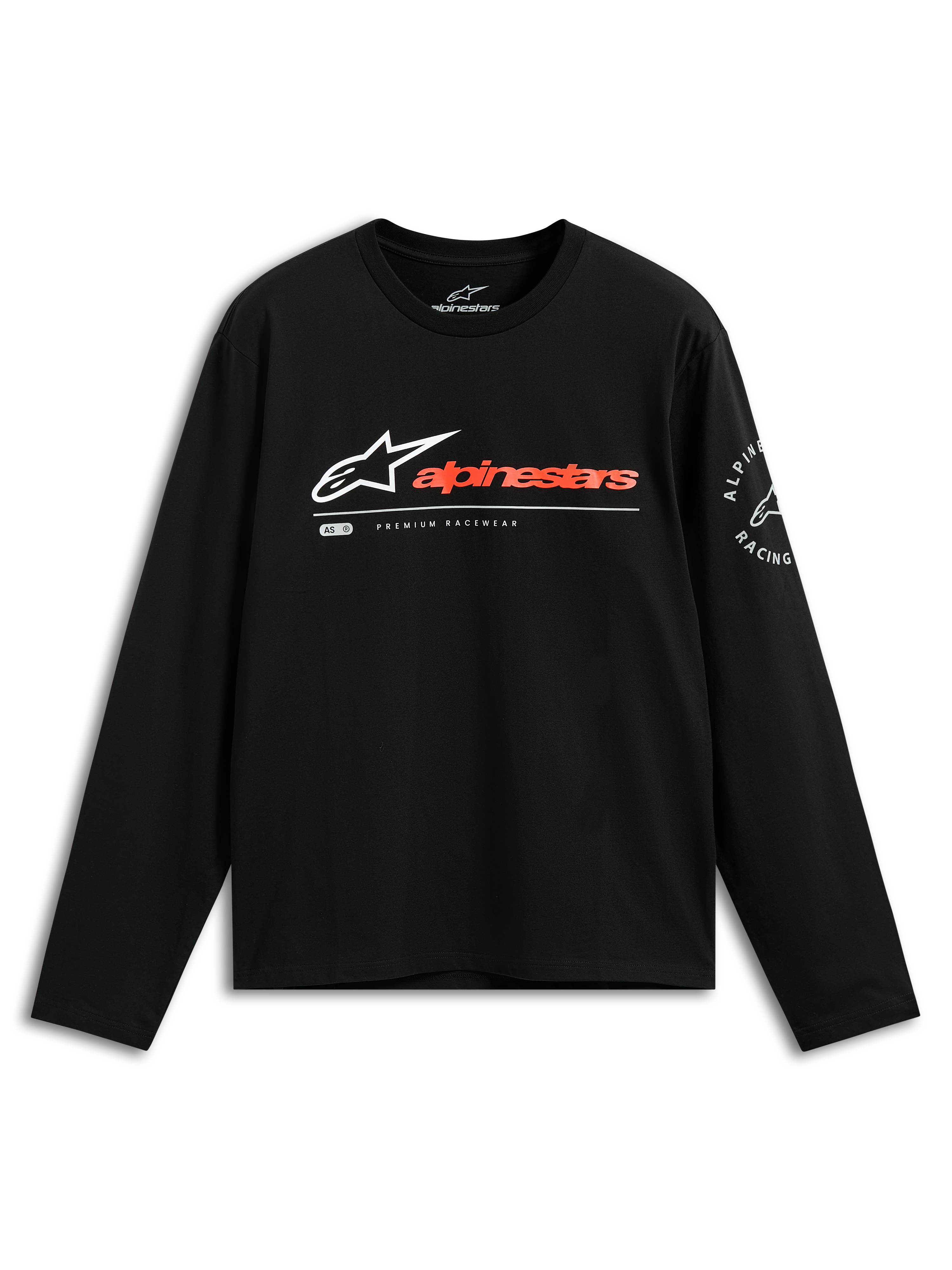 Alpinestars Mandatory CSF Tee, Long Sleeve T-Shirt, Black, White Astars Logo with Reddish-Orange Wordmark, Alpinestars Racing Circular Sleeve Graphic, Casual Motorsport Streetwear