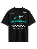 Alpinestars Aplomb Oversized CSF Tee, kortærmet T-shirt, sort, stort teal- og hvidstribet Astars-logo, rød 'Racing Ahead'-tekst og ternet grafik, afslappet motorsport-streetwear