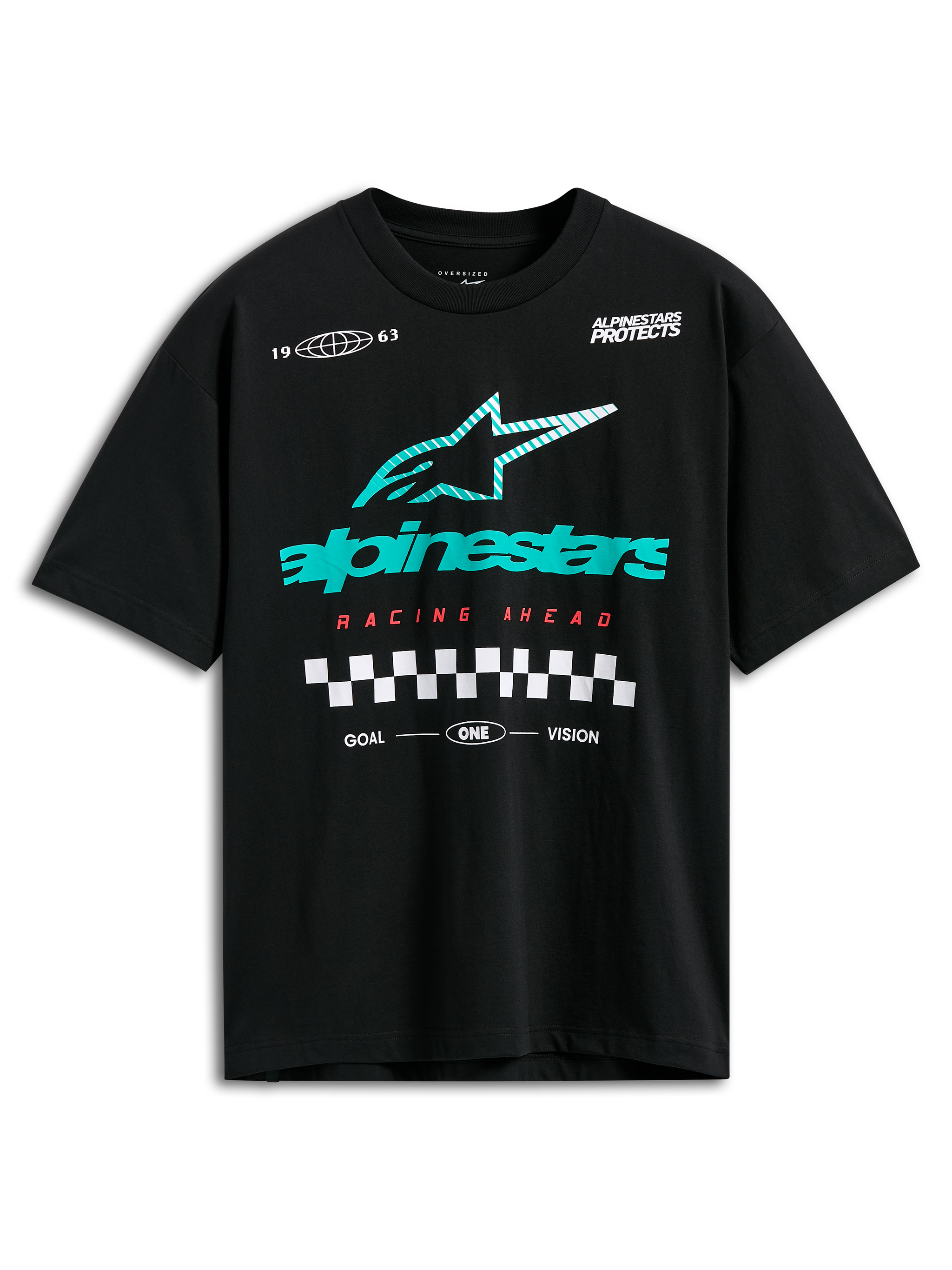 Alpinestars Aplomb Oversized CSF Tee, Short Sleeve T-Shirt, Black, Large Teal and White Striped Astars Logo, Red Racing Ahead Text and Checkered Graphic, Casual Motorsport Streetwear