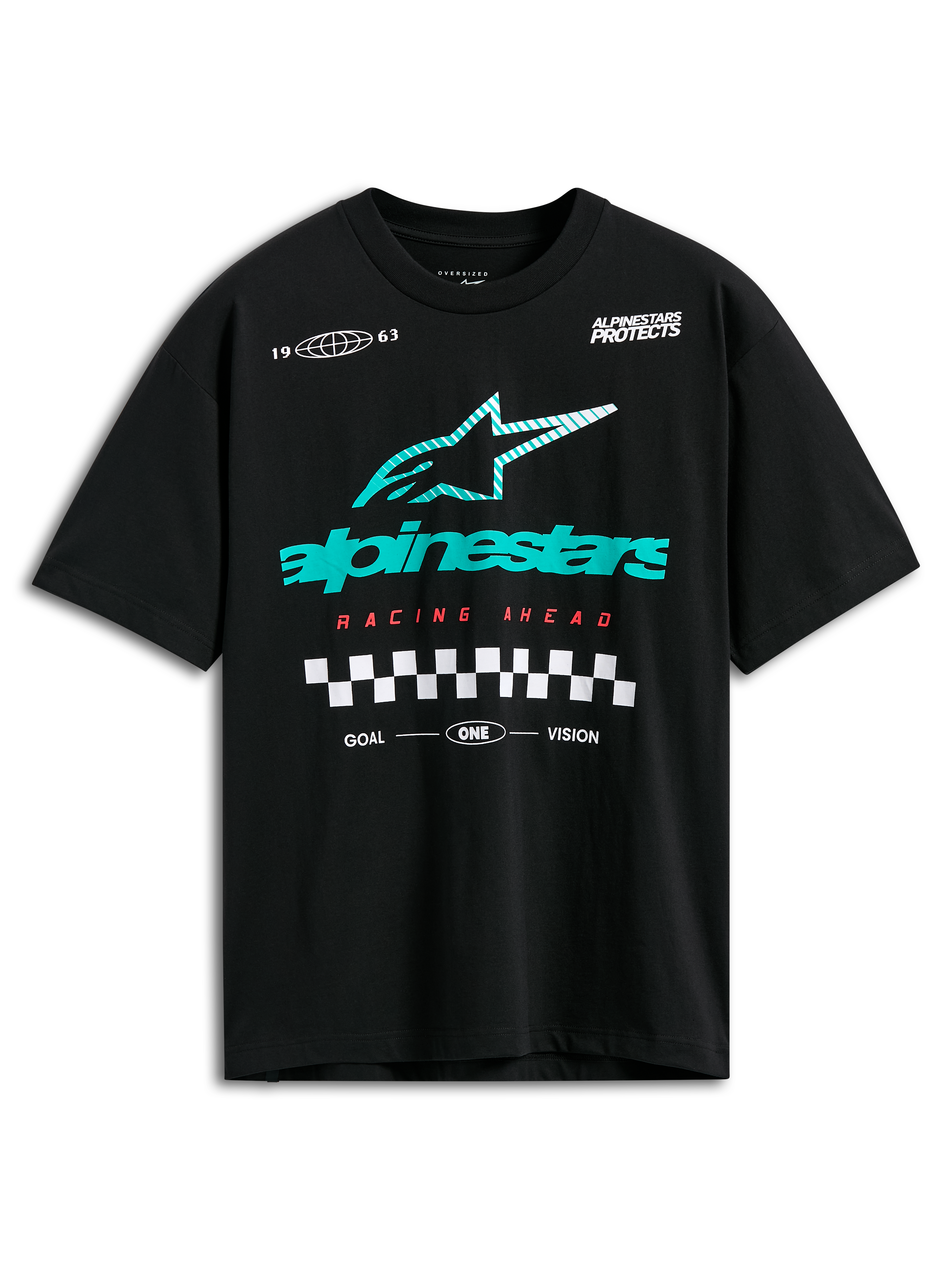 Alpinestars Aplomb Oversized CSF Tee, kortærmet T-shirt, sort, stort teal- og hvidstribet Astars-logo, rød 'Racing Ahead'-tekst og ternet grafik, afslappet motorsport-streetwear