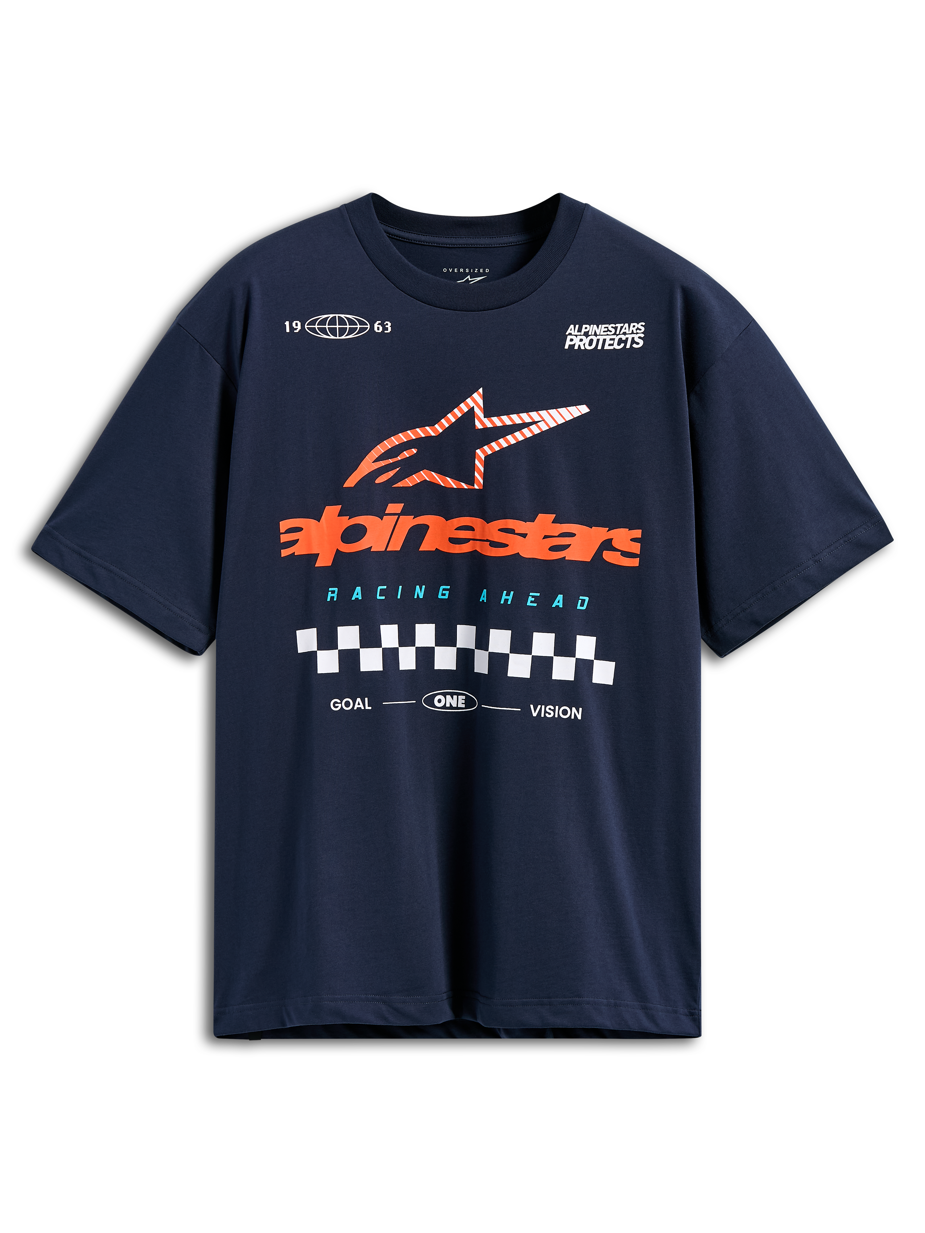 Alpinestars Aplomb Oversized CSF Tee, Short Sleeve T-Shirt, Navy Blue, Large Orange Alpinestars Logo with Striped Star and Checkered Flag Detail, Casual Motorsport Streetwear
