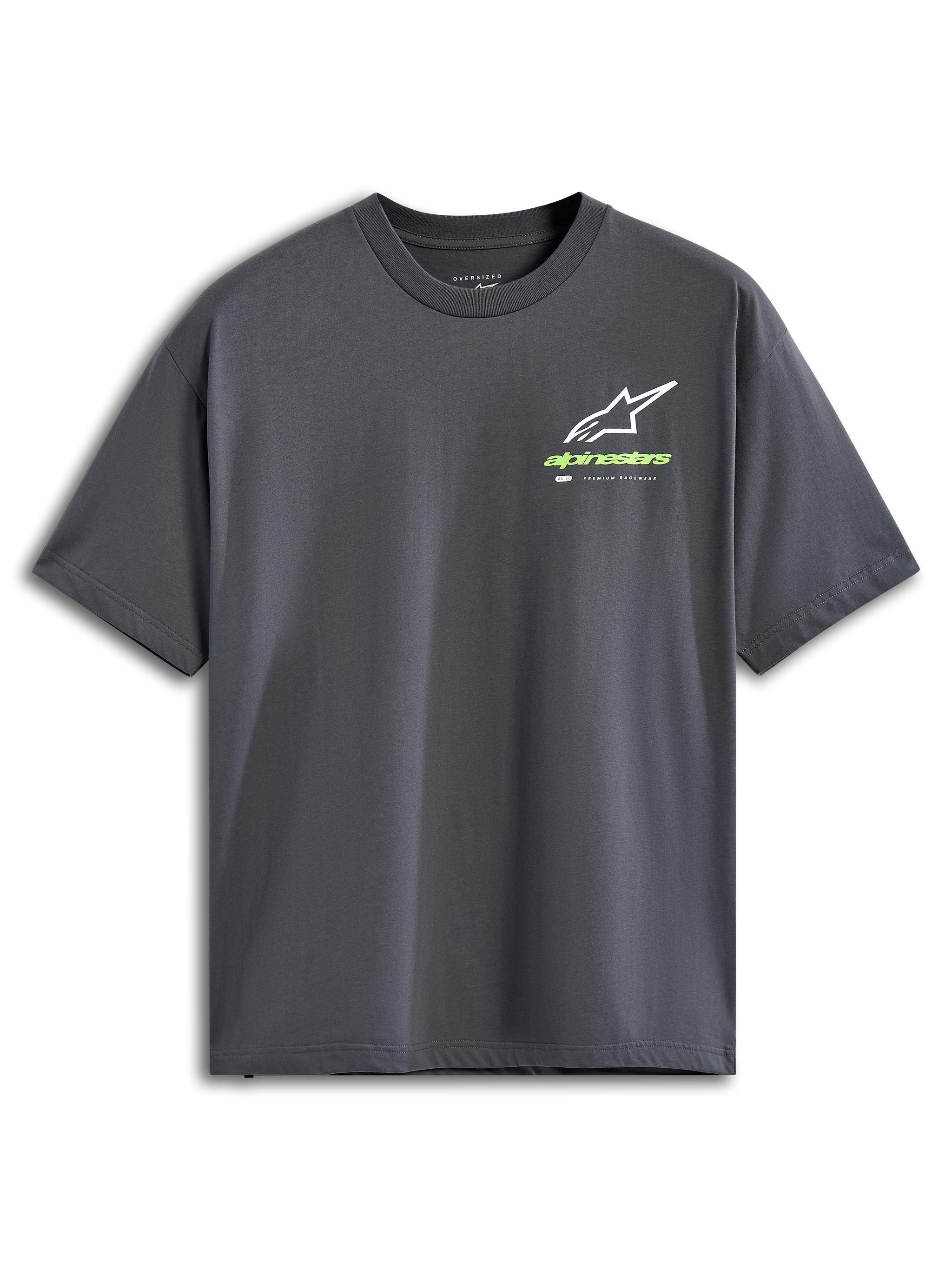Alpinestars Overhang Oversized CSF Tee, kortærmet t-shirt, koksgrå, hvidt Astars-logo med limegrønt wordmark, casual motorsport-streetwear