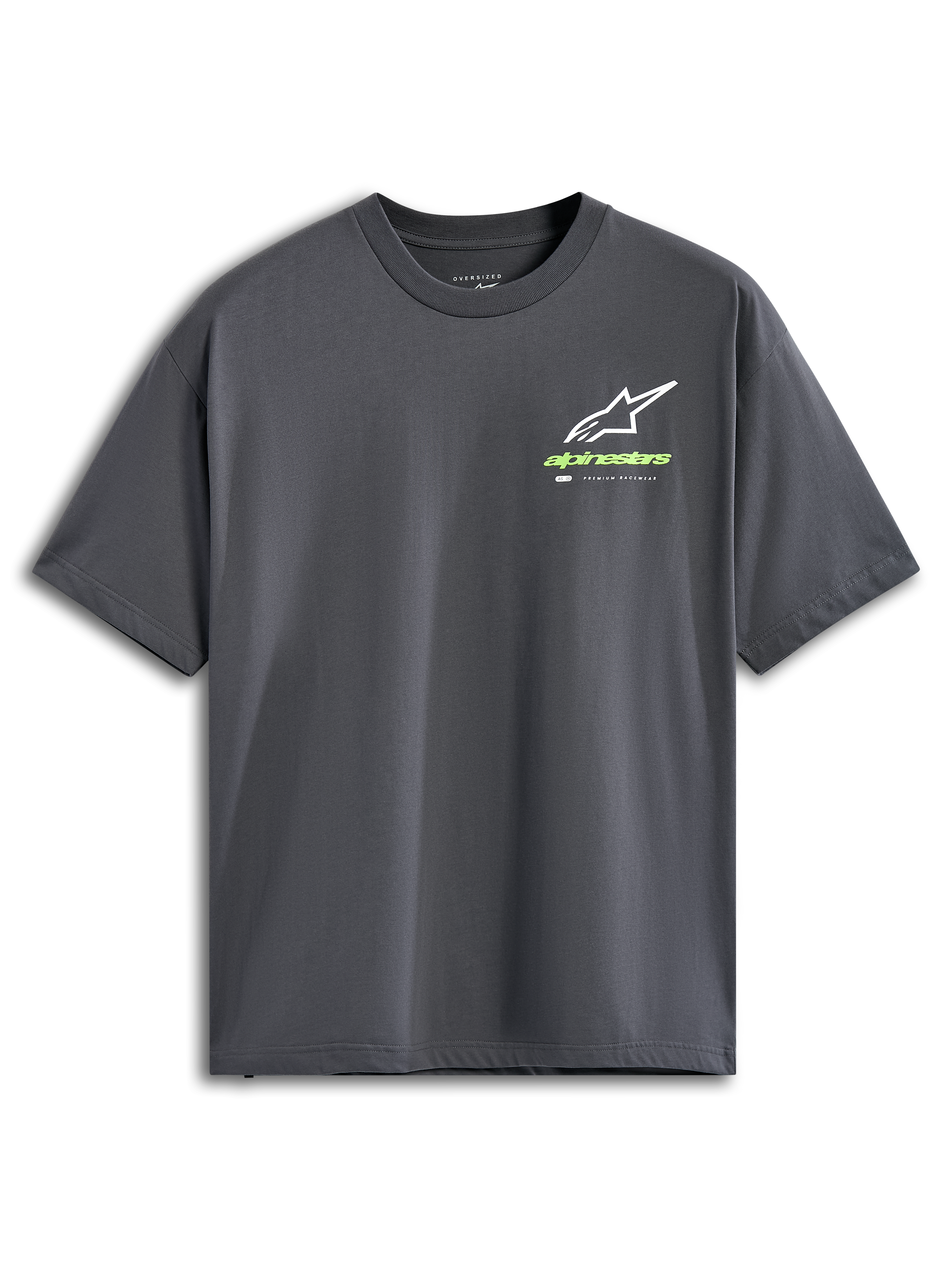 Alpinestars Overhang Oversized CSF Tee, kortærmet t-shirt, koksgrå, hvidt Astars-logo med limegrønt wordmark, casual motorsport-streetwear
