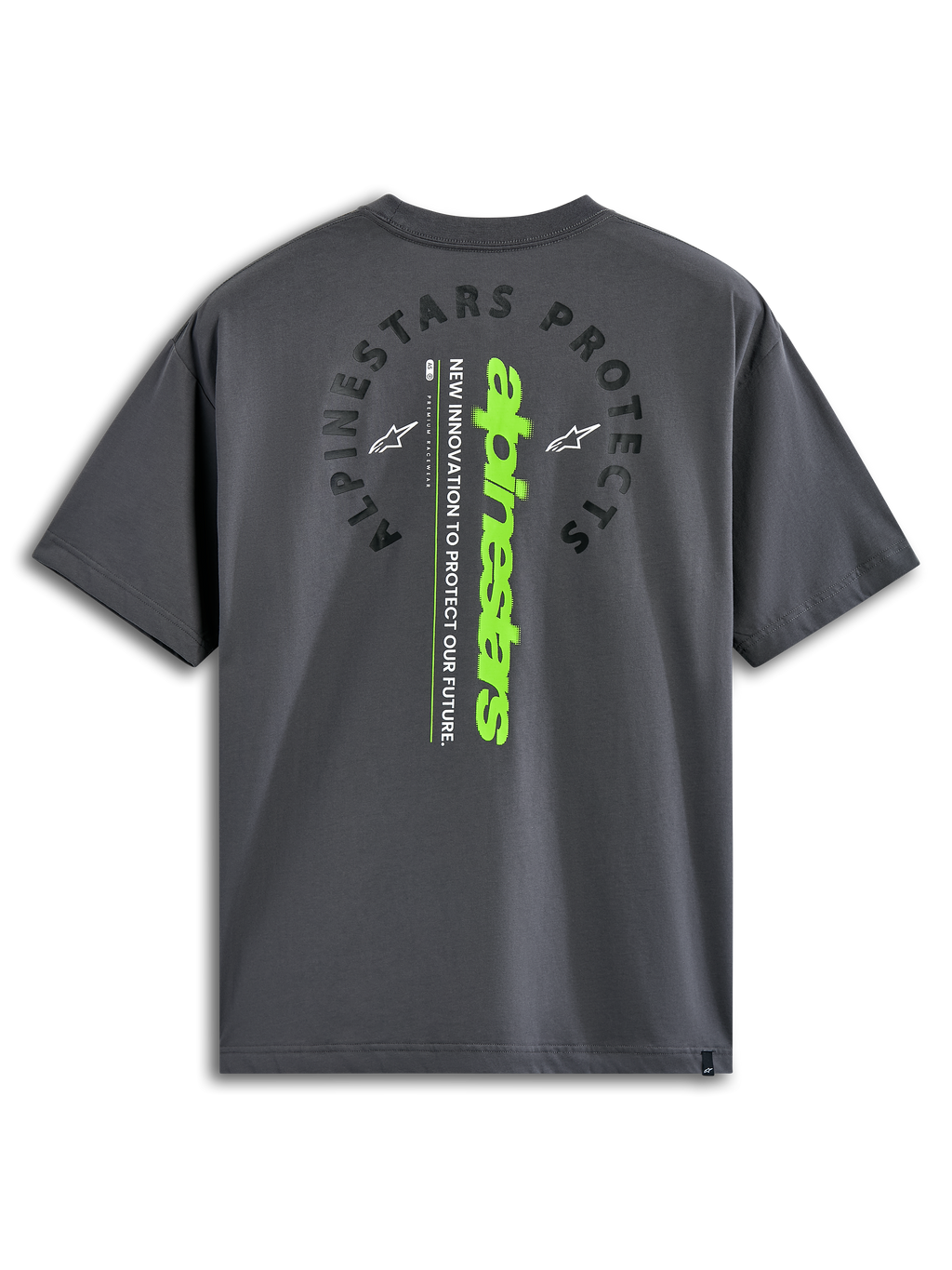 Alpinestars Overhang Oversized CSF Tee, kortærmet T-shirt, koksgrå, rygvisning med buet 'Alpinestars Protects'-tekst og et lodret limegrønt ordmærke, afslappet motorsport-inspireret streetwear