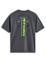 Alpinestars Overhang Oversized CSF Tee, kortærmet T-shirt, koksgrå, rygvisning med buet 'Alpinestars Protects'-tekst og et lodret limegrønt ordmærke, afslappet motorsport-inspireret streetwear