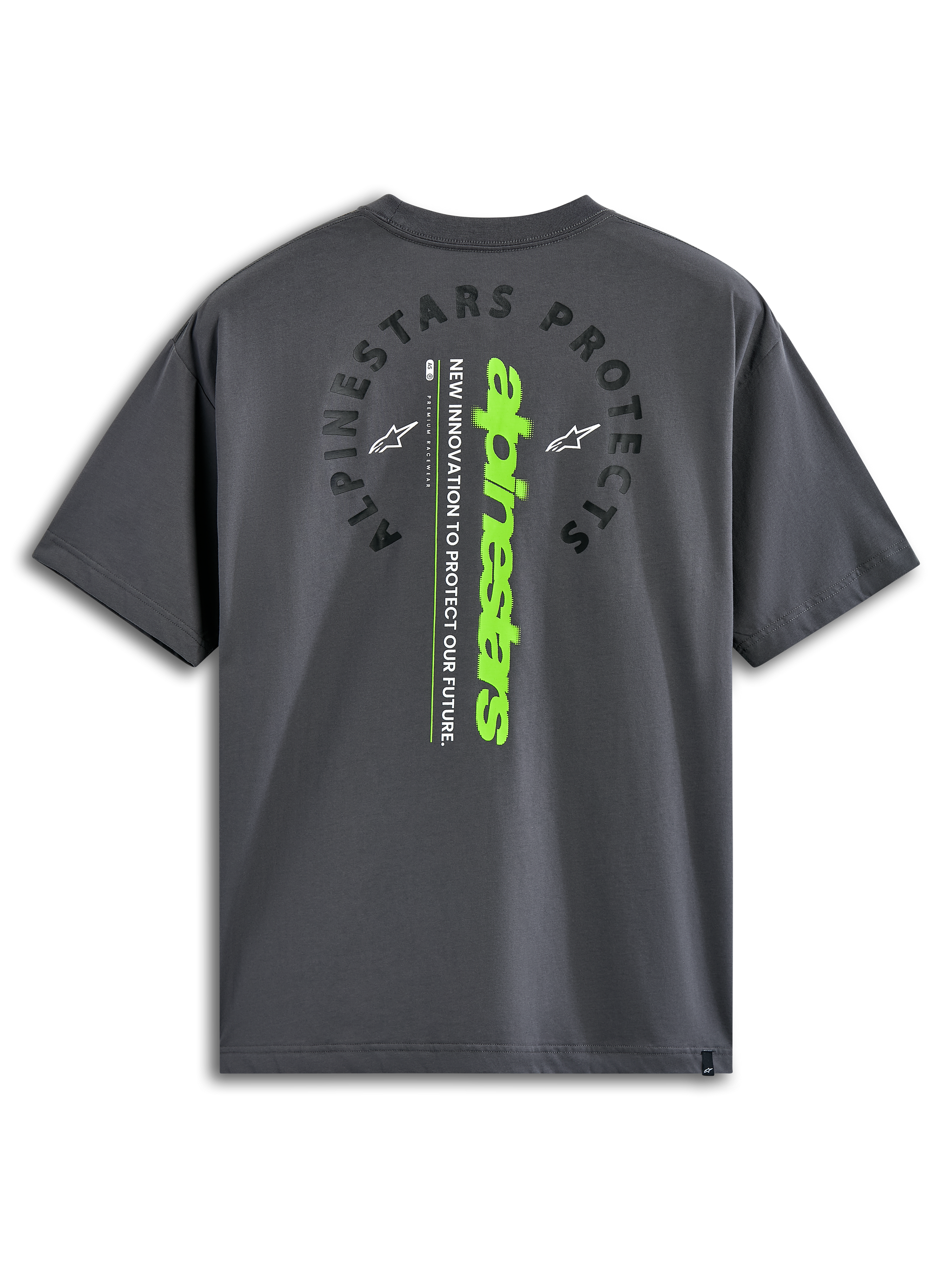 Alpinestars Overhang Oversized CSF Tee, kortærmet T-shirt, koksgrå, rygvisning med buet 'Alpinestars Protects'-tekst og et lodret limegrønt ordmærke, afslappet motorsport-inspireret streetwear