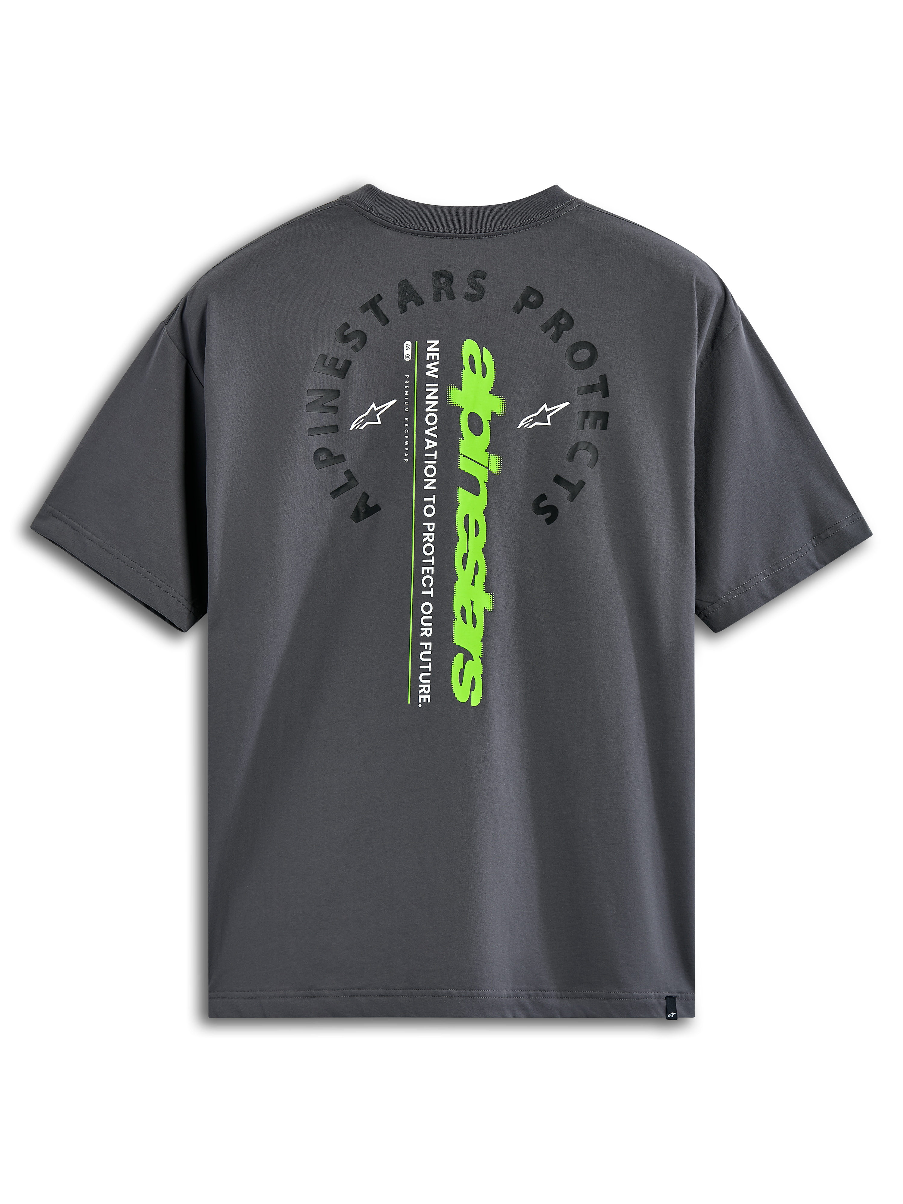 Alpinestars Overhang Oversized CSF Tee, kortærmet T-shirt, koksgrå, rygvisning med buet 'Alpinestars Protects'-tekst og et lodret limegrønt ordmærke, afslappet motorsport-inspireret streetwear
