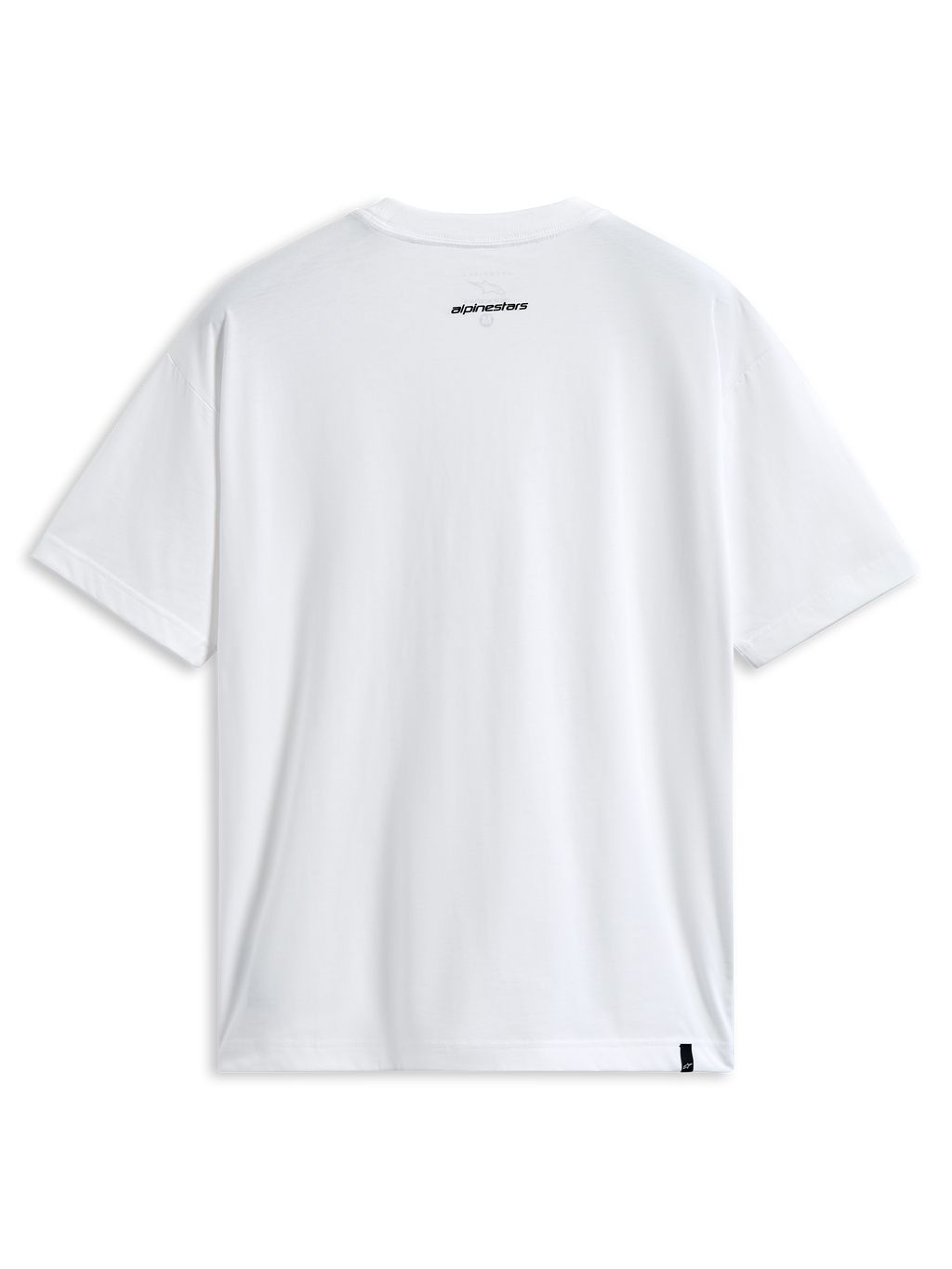 Alpinestars Focused Oversized CSF Tee, kortærmet t-shirt, hvid, set bagfra med lille sort Alpinestars-ordlogo i nakken og ekstern label ved sømmen, afslappet motorsport-streetwear