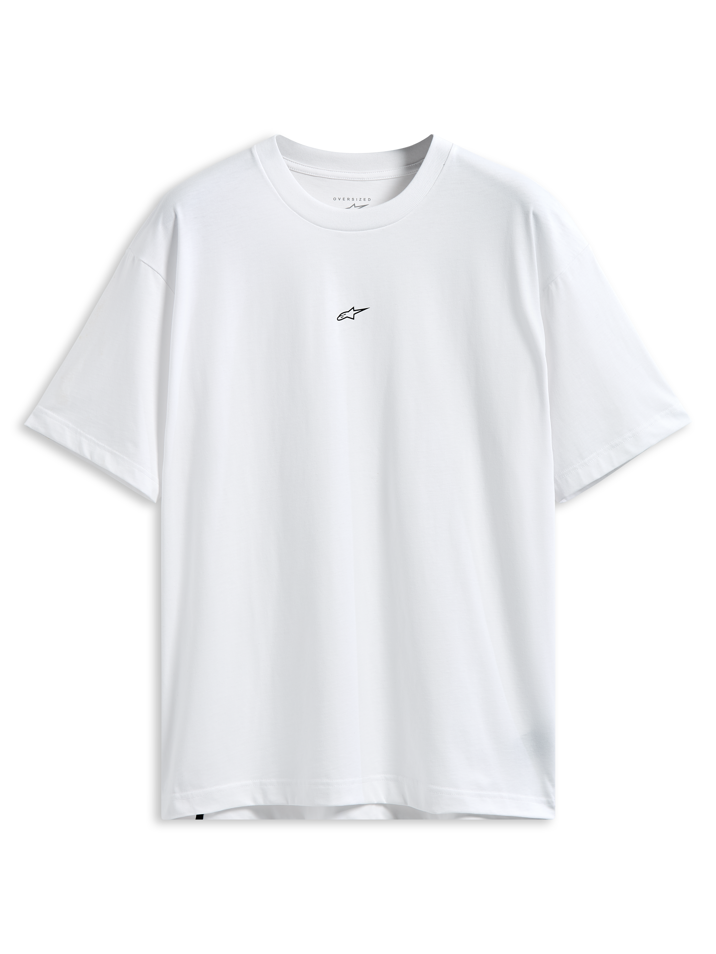 Alpinestars Focused Oversized CSF Tee, kortærmet t-shirt, hvid, lille sort Astars-logo på brystet, afslappet oversize pasform, casual motorsport streetwear