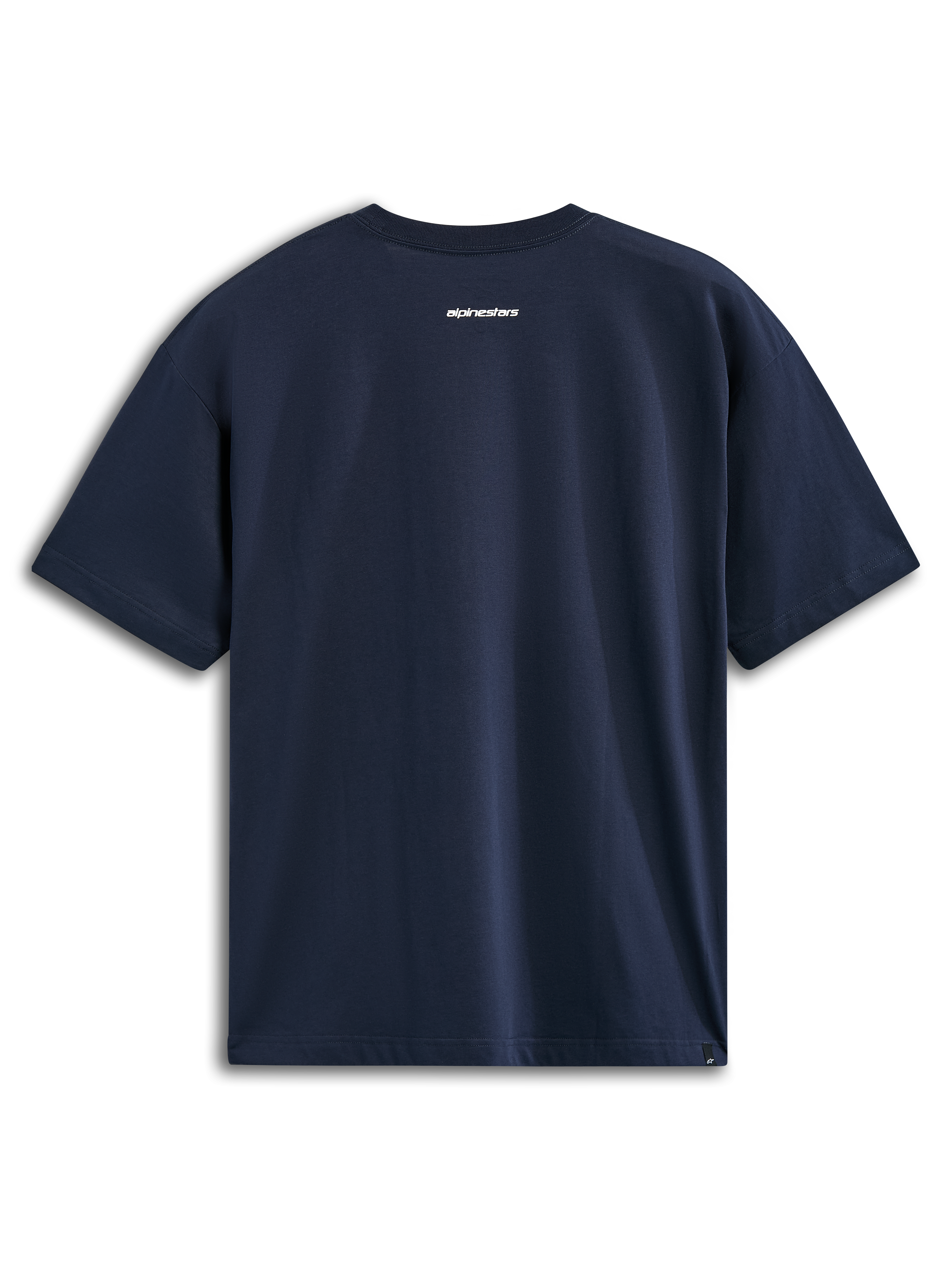 Alpinestars Focused Oversized CSF Tee, kortærmet t-shirt, marineblå, set bagfra med lille hvidt Alpinestars-tekstlogo, casual motorsport-streetwear