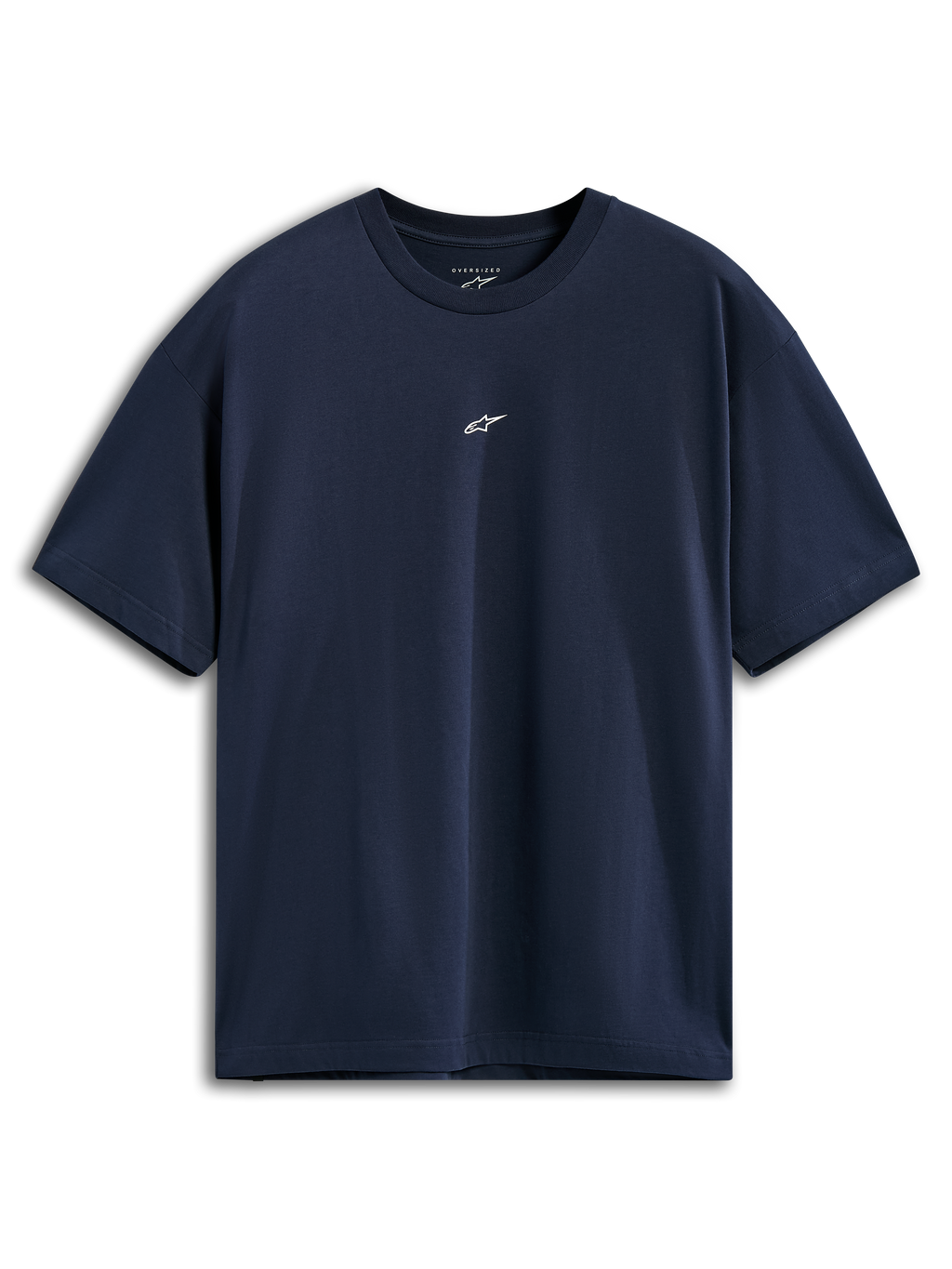 Alpinestars Focused Oversized CSF Tee, kortærmet T-shirt, marineblå, lille hvidt Astars-logo midt på brystet, afslappet oversized pasform, afslappet sportstøj