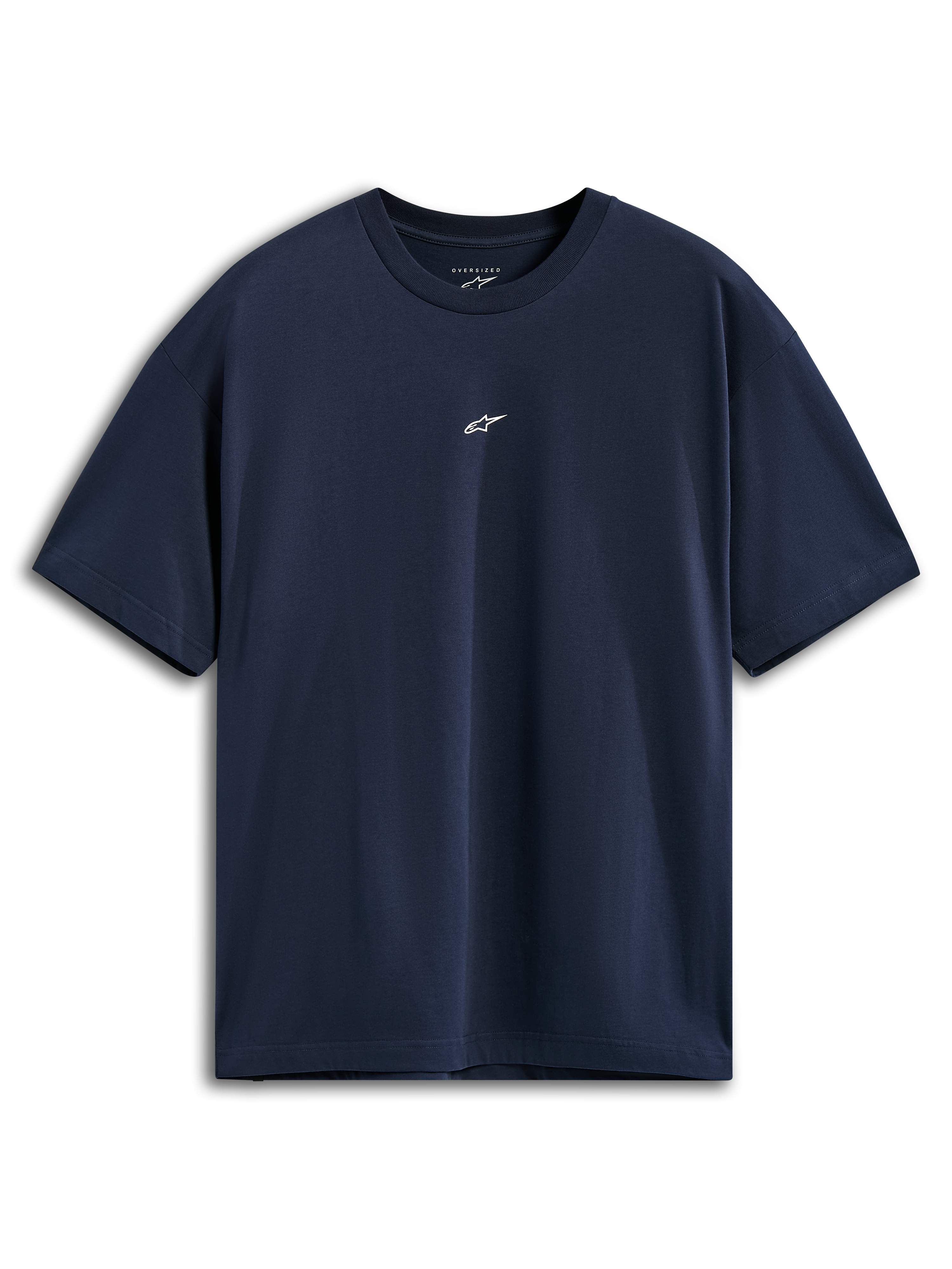 Alpinestars Focused Oversized CSF Tee, kortærmet T-shirt, marineblå, lille hvidt Astars-logo midt på brystet, afslappet oversized pasform, afslappet sportstøj